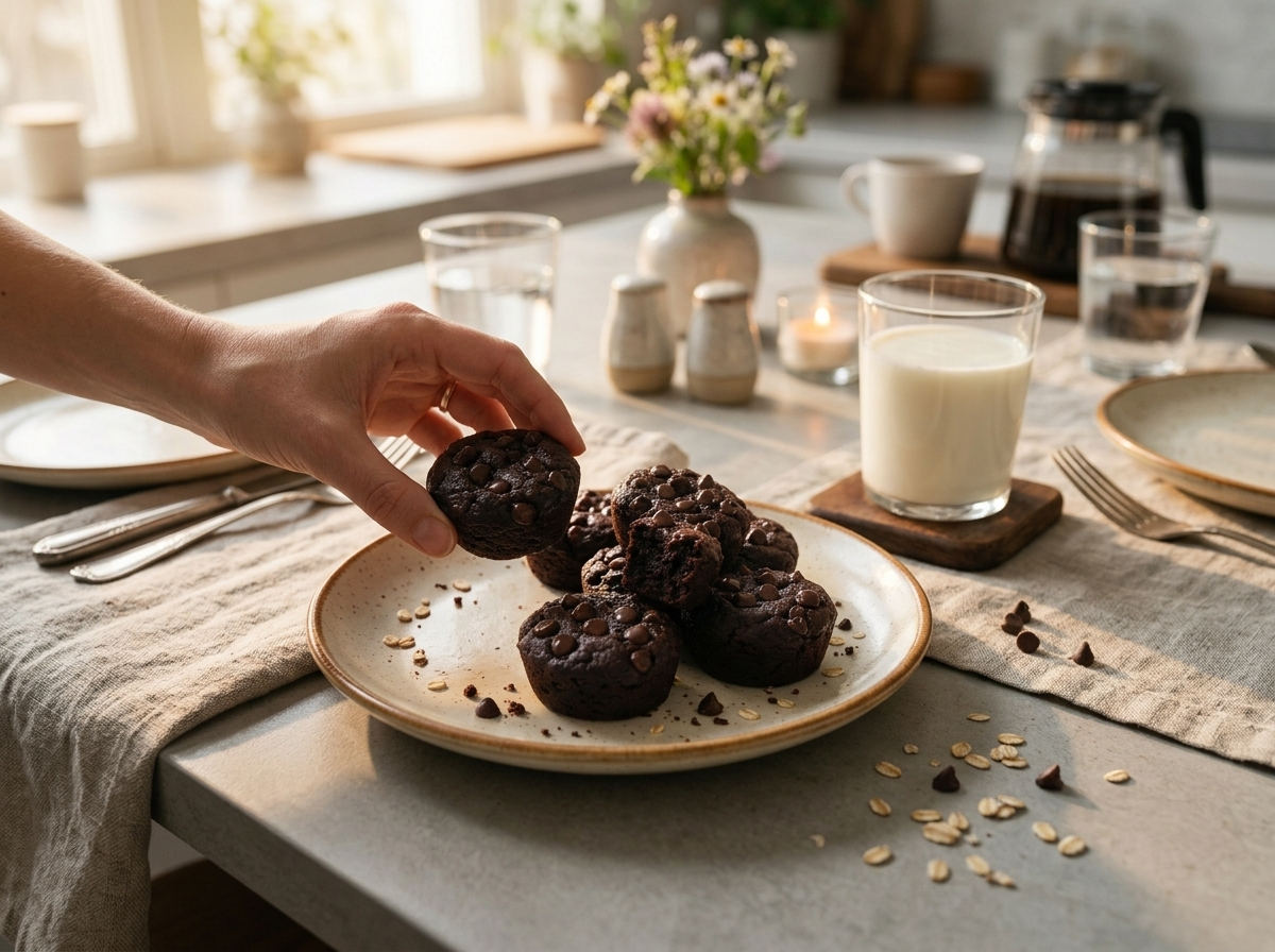 A hand picking up a brownie bite from a plate on a linen napkin next to a glass of milk in morning light.
