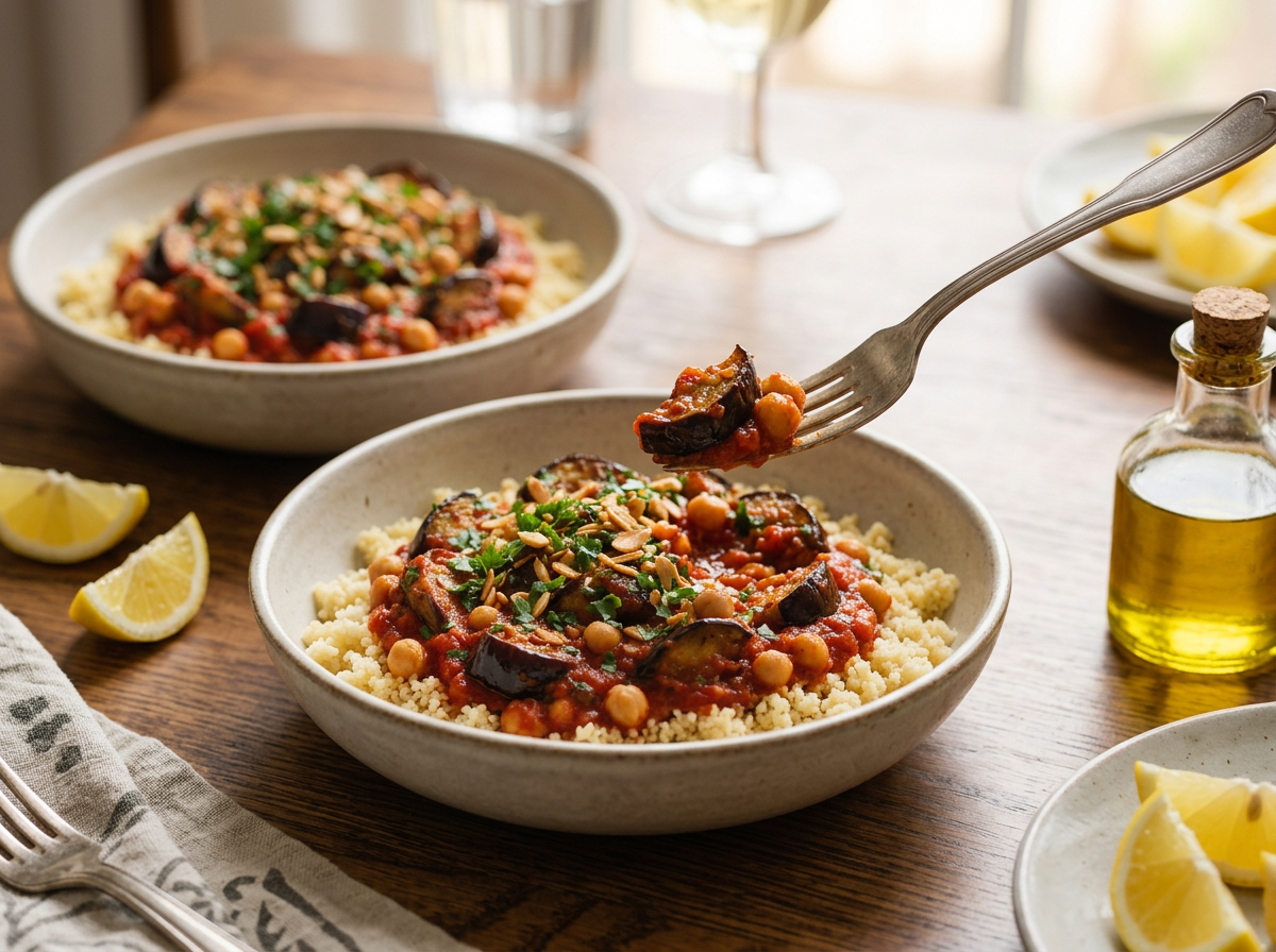 A bowl of eggplant tagine spooned over couscous, lemon wedge and linen napkin on a sunlit wooden table