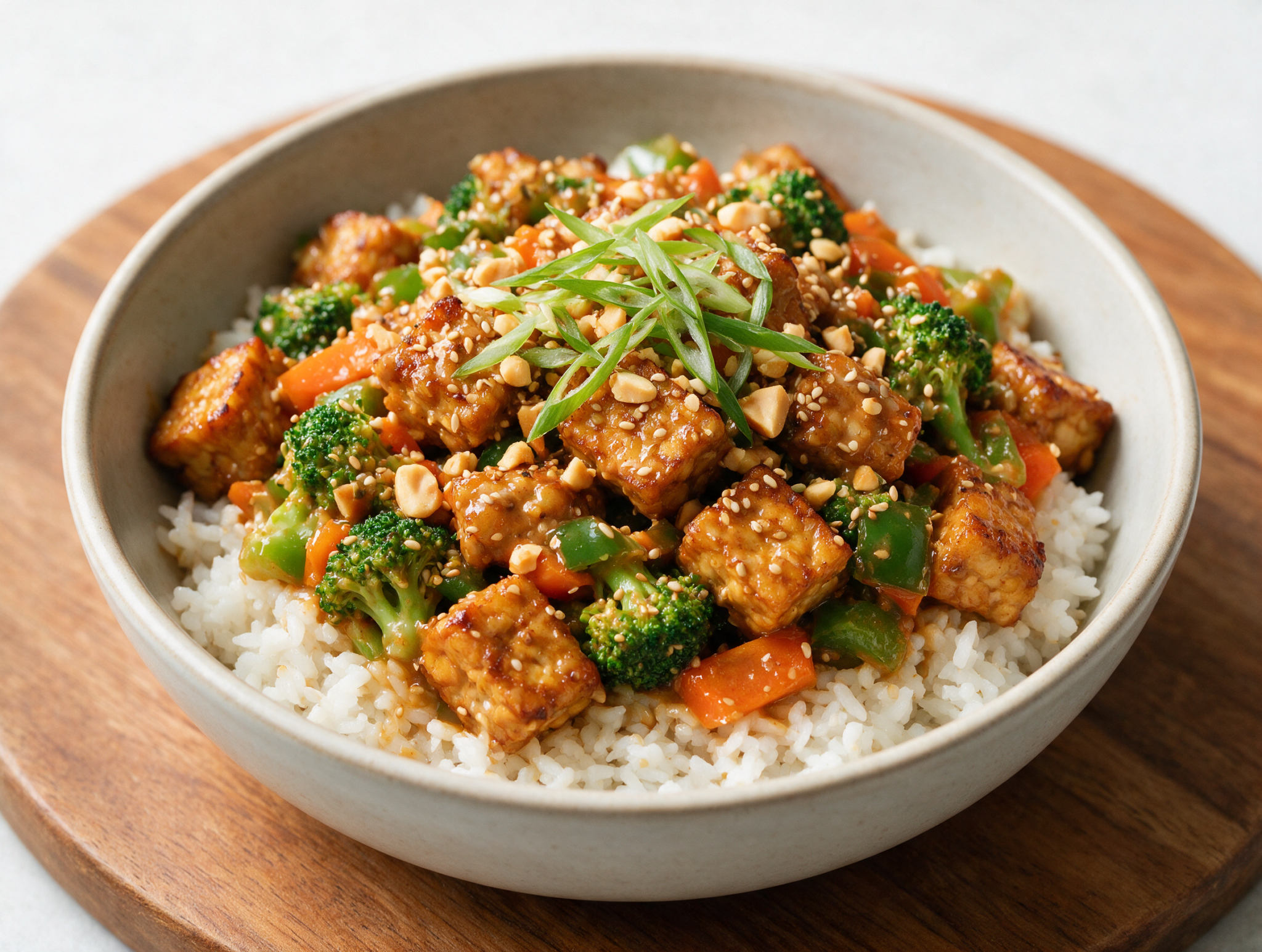 Overhead shot of a peanut ginger tempeh stir fry bowl with rice, sesame seeds and chopped peanuts on a wood table.