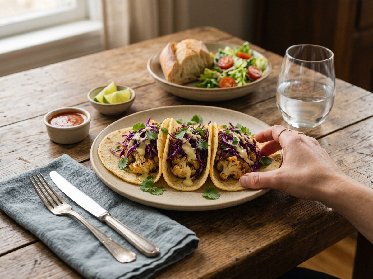 Hands reaching for a cauliflower taco at a rustic table set with lime wedges, hot sauce, and a linen napkin