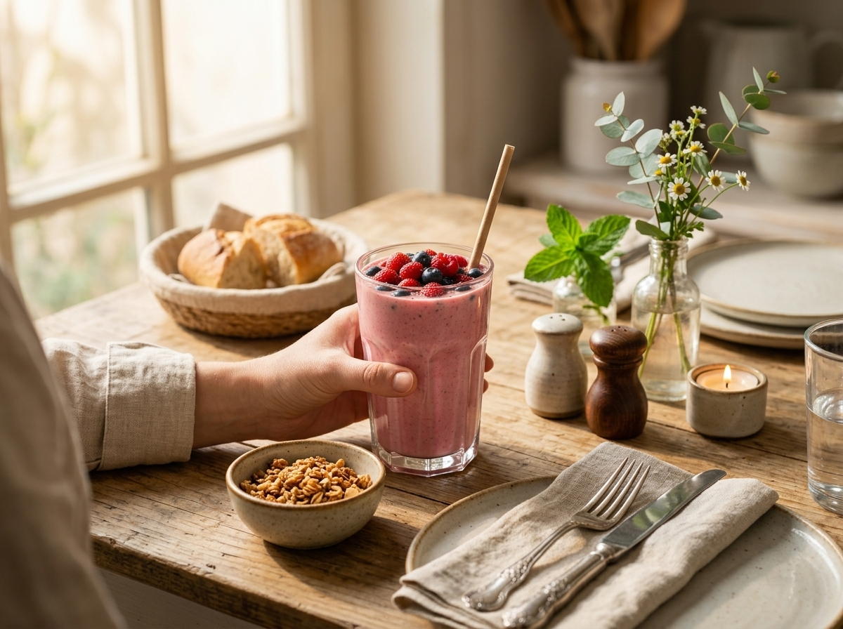 Woman in a bright kitchen sipping a Baobab Berry Booster Smoothie through a straw beside a bowl of granola
