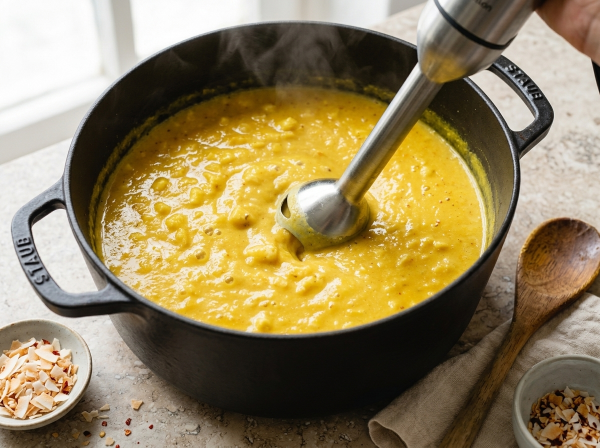 Immersion blender pureeing turmeric-yellow cauliflower soup in a dark pot with steam rising and coconut milk swirled through
