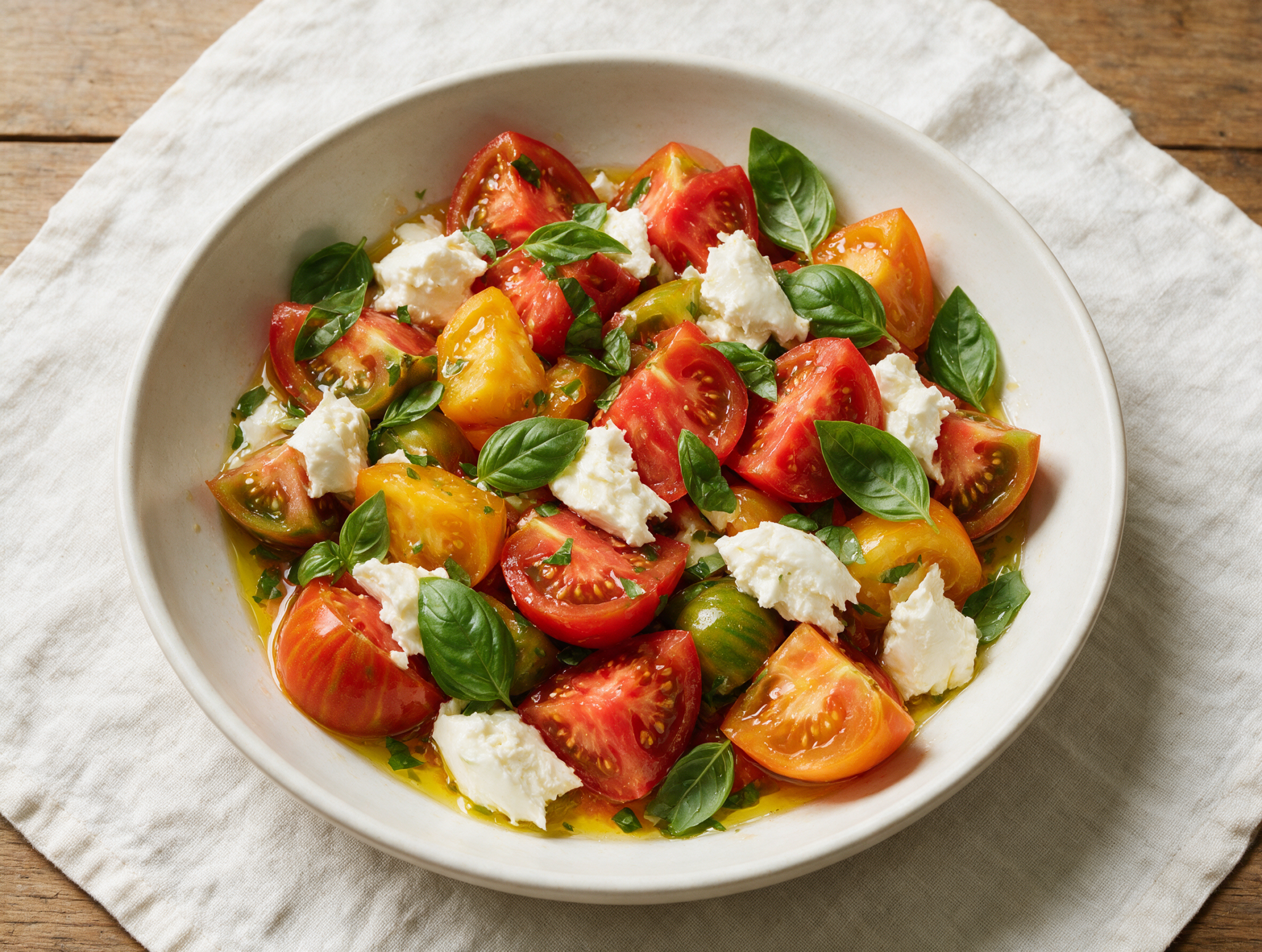 No-Cook Heirloom Tomato Mozzarella Bowl with Basil