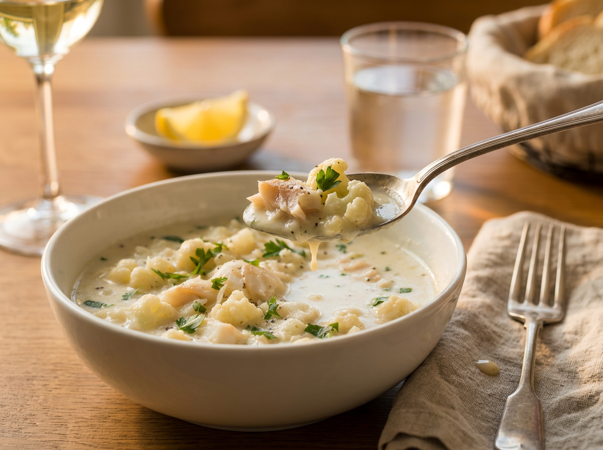 Rustic kitchen table set with a bowl of haddock chowder, linen napkin, lemon wedges, and a spoon mid-bite.