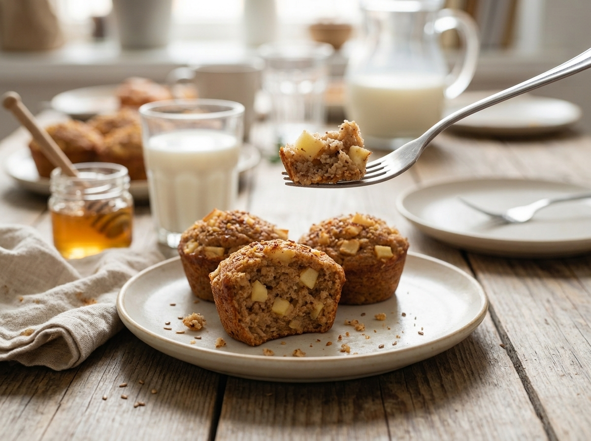 Child reaching for a muffin at a breakfast table set with a glass of milk and linen napkin