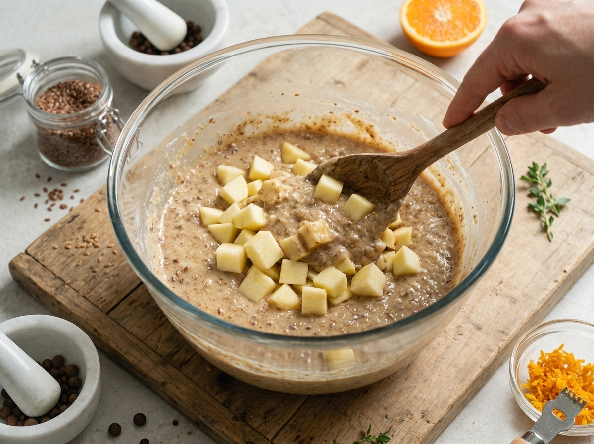 Hand folding diced apple into thick spiced muffin batter in a glass bowl with a wooden spoon nearby