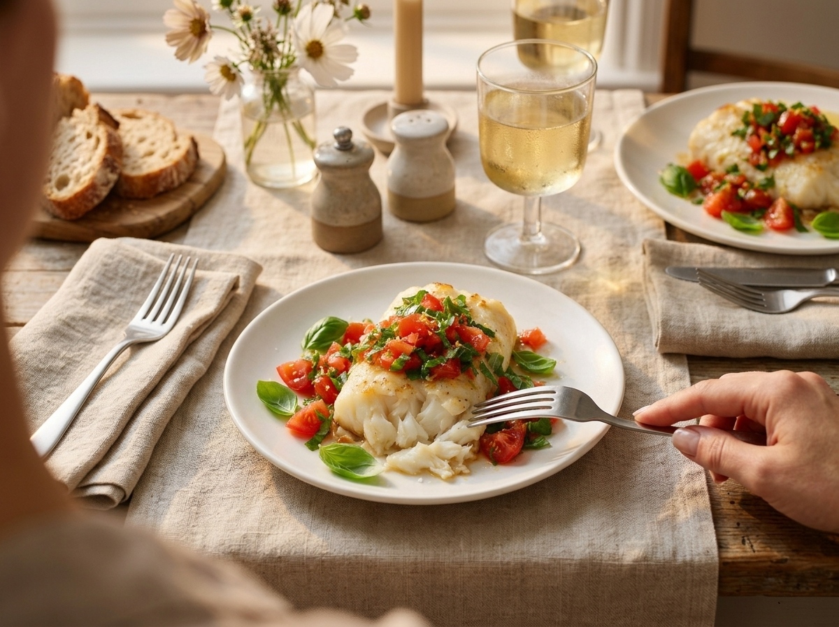 Two plates of baked cod and tomato relish on a linen napkin with a glass of white wine and lemon wedges.