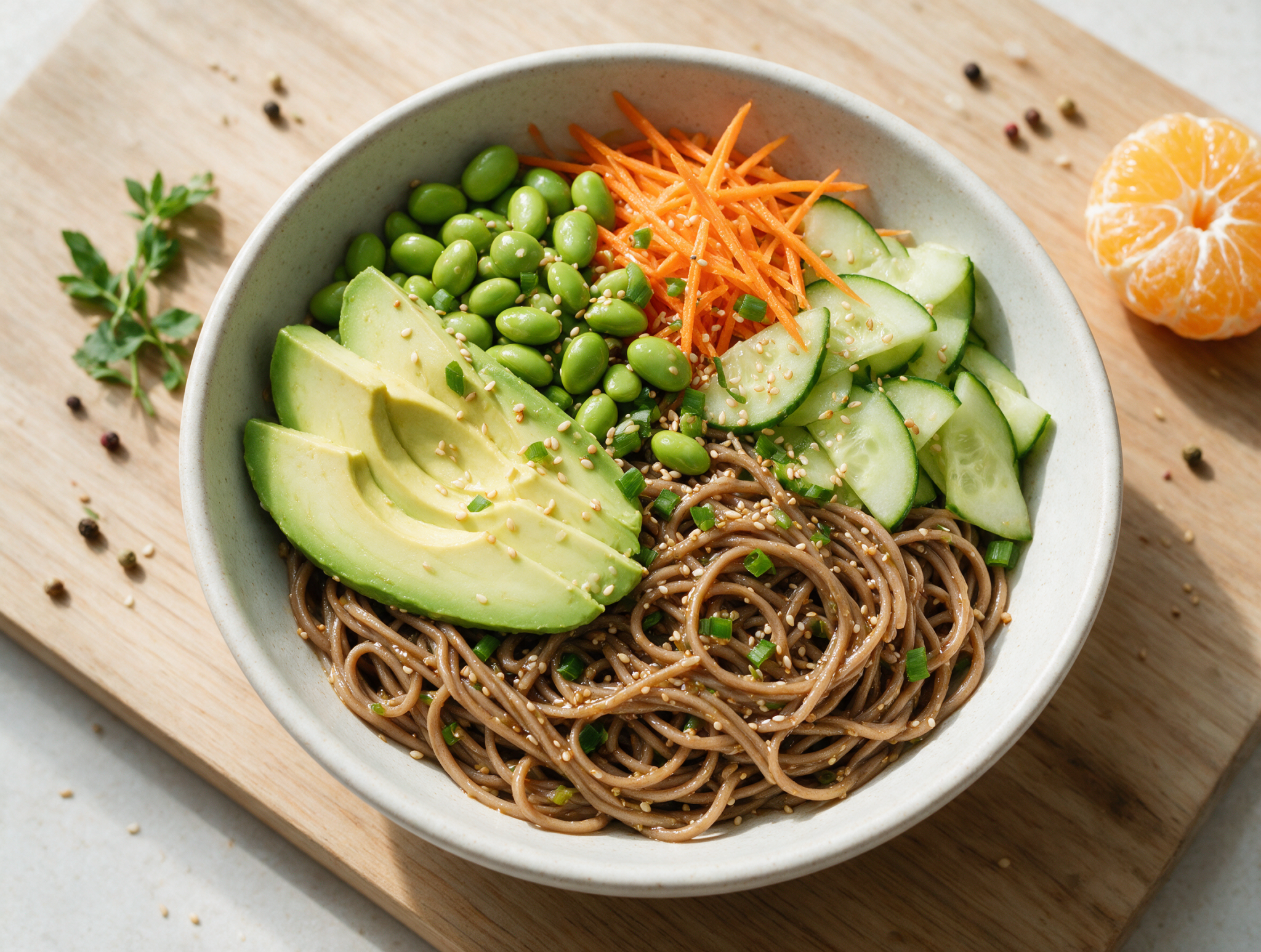 Overhead shot of avocado edamame soba salad bowl with sliced avocado fanned on top, sesame seeds scattered, wooden table.