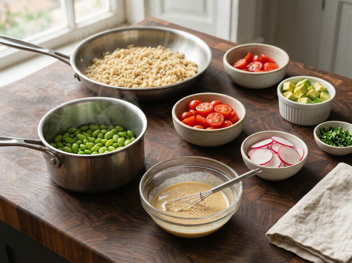 Hands whisking sesame-lime dressing in a glass bowl next to cooked quinoa and steaming edamame on the stove