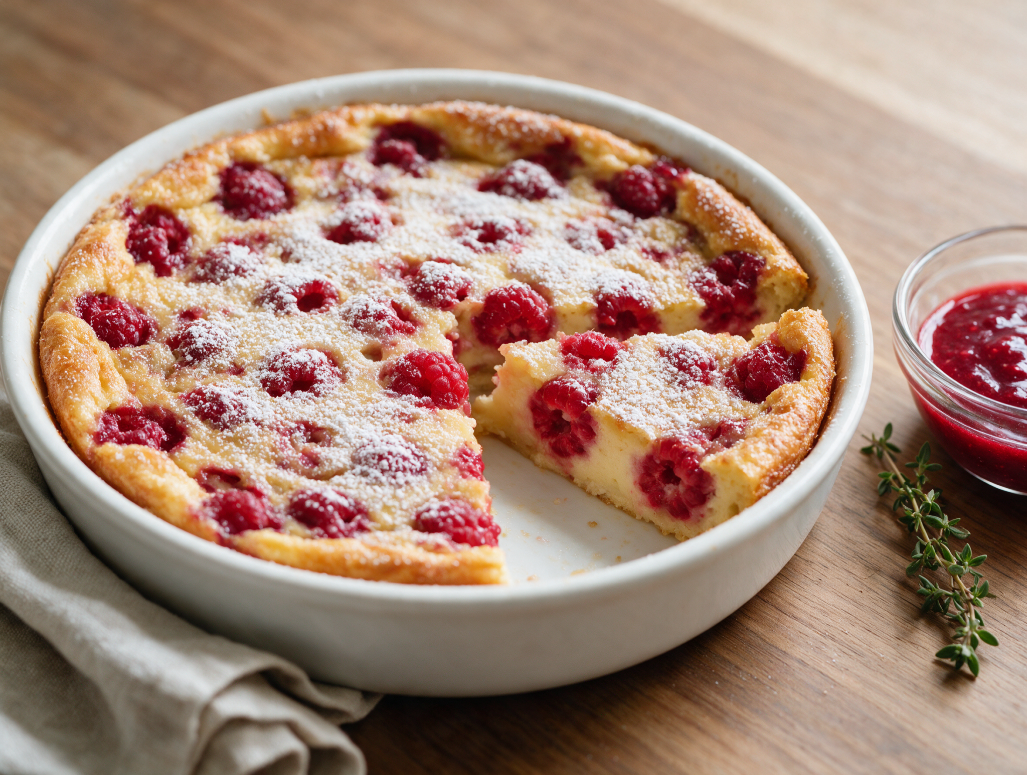 Sliced raspberry almond clafoutis in a white pie dish with golden puffed edges and berries visible through the custard