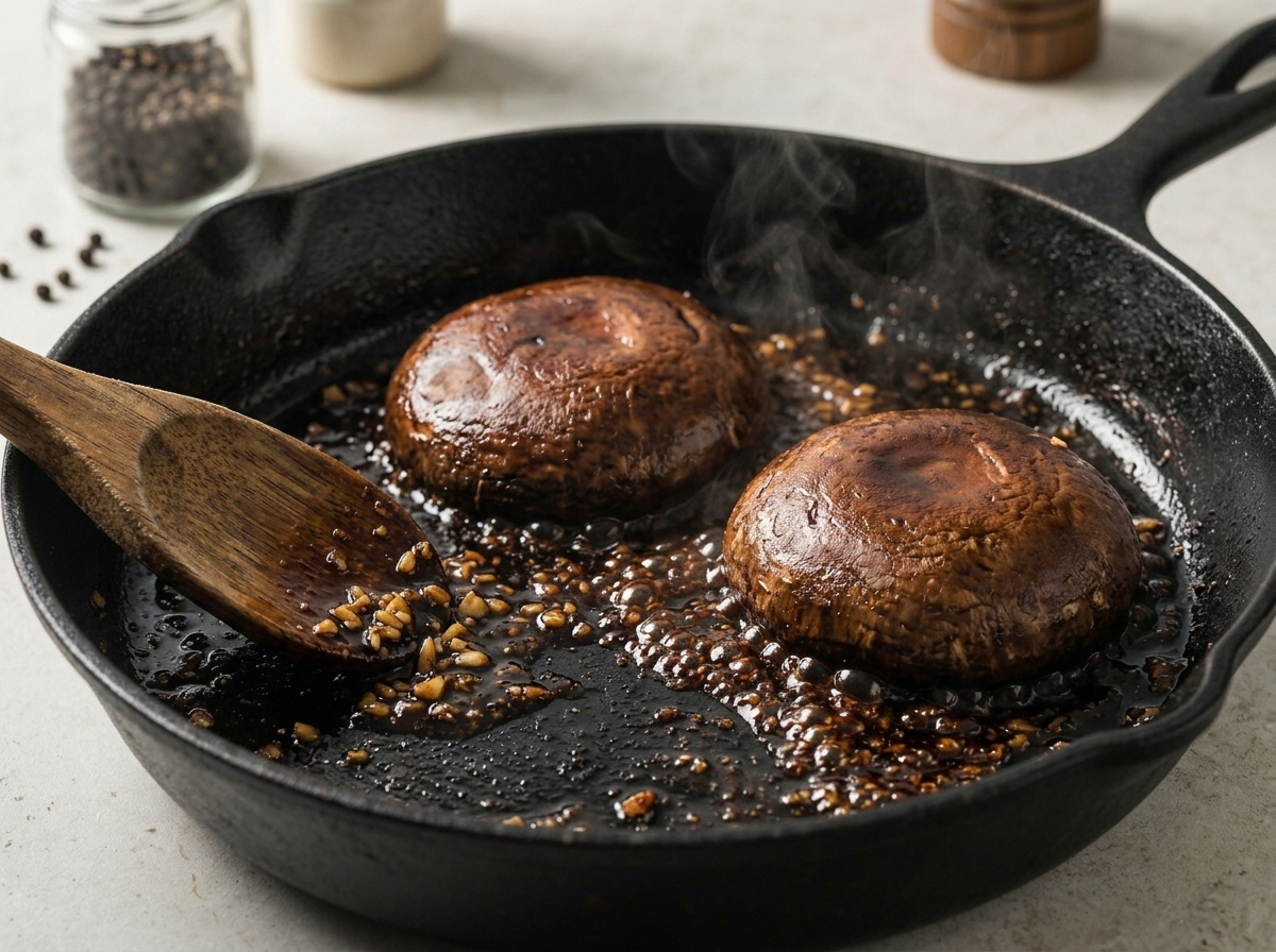 Portobello mushroom caps searing gill-side down in a cast iron skillet with balsamic glaze bubbling around the edges.