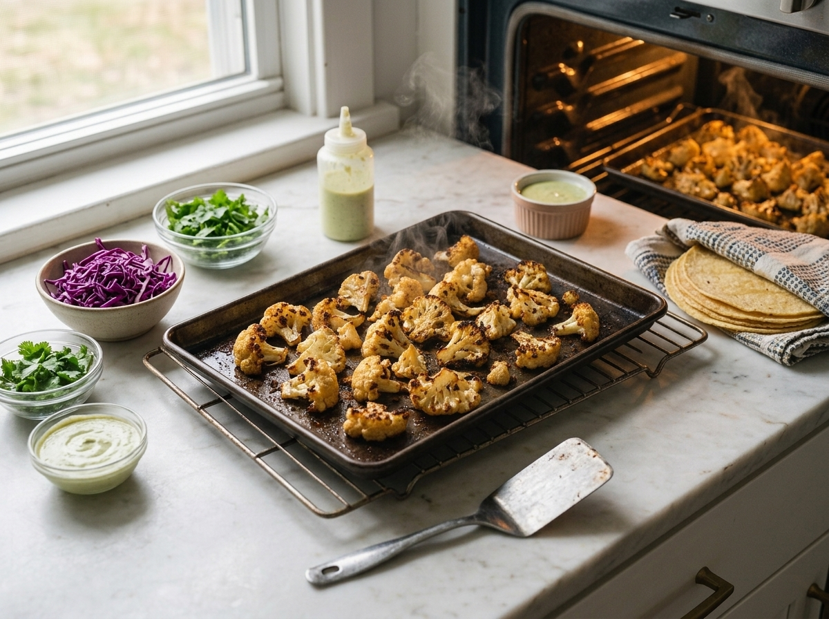 Chili-lime cauliflower florets spread in a single layer on a sheet pan, edges browning under warm oven light