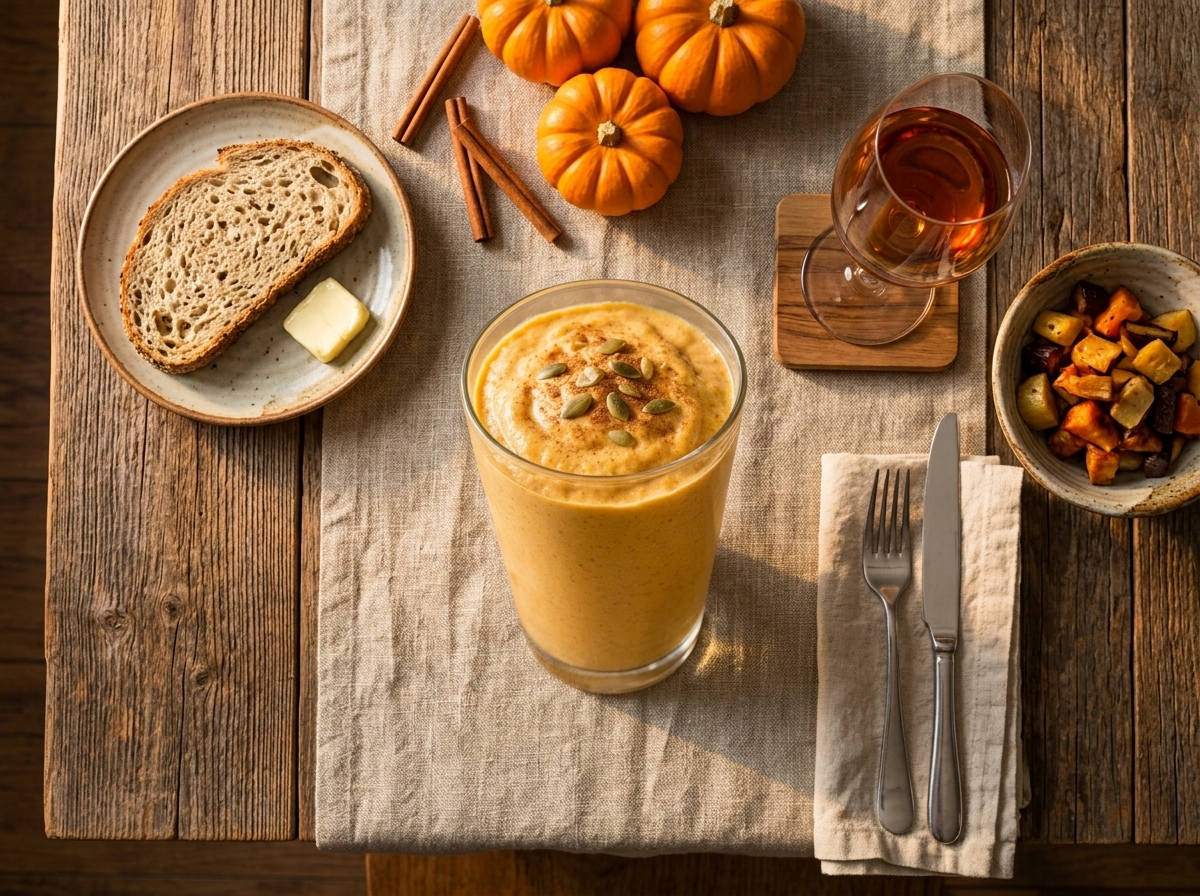 Hands wrapped around a glass mug of pumpkin smoothie beside a cinnamon stick and linen napkin on a kitchen table