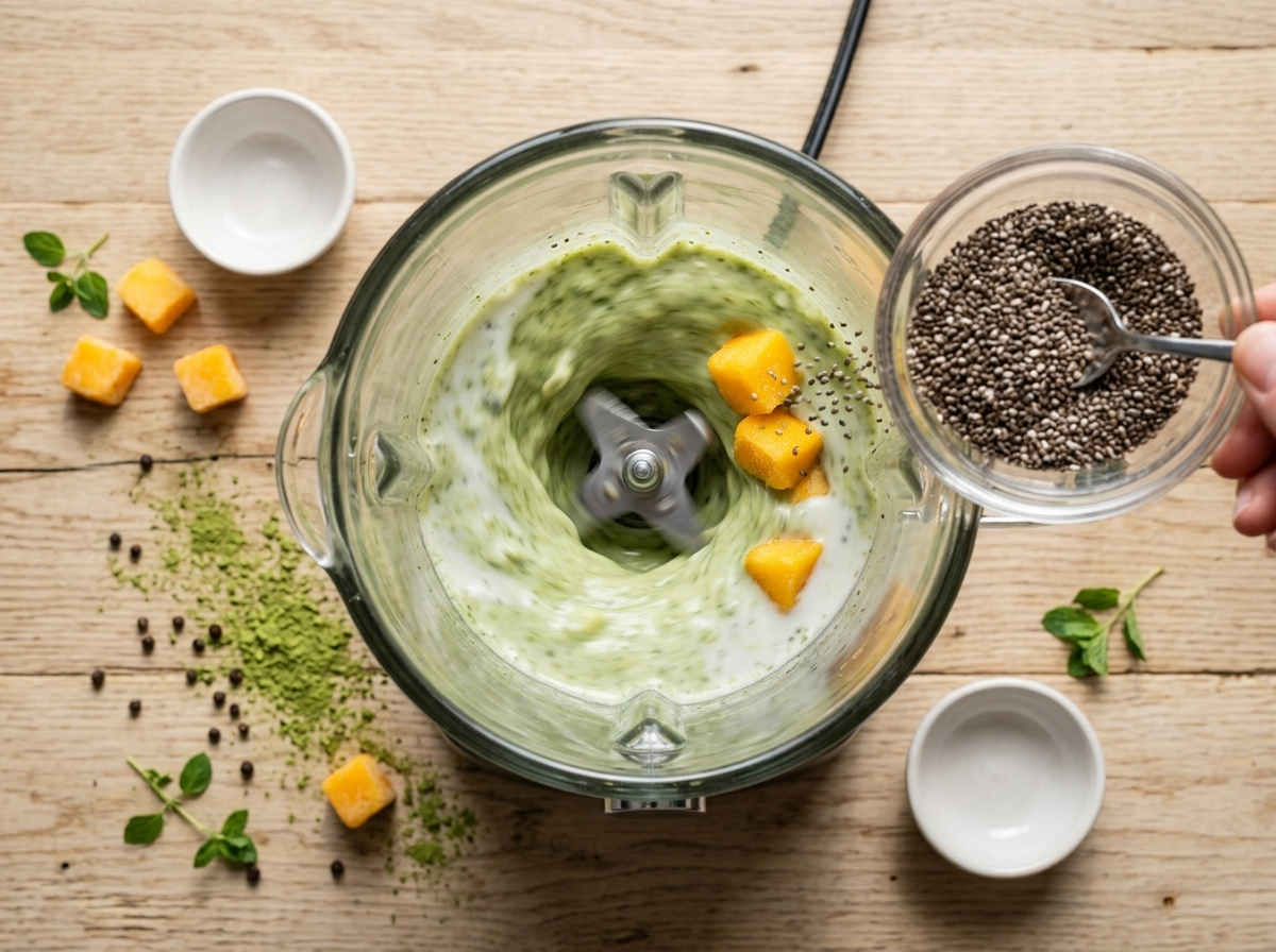 Blender jar mid-blend with coconut milk and matcha swirling into a bright green mixture with frozen mango chunks.