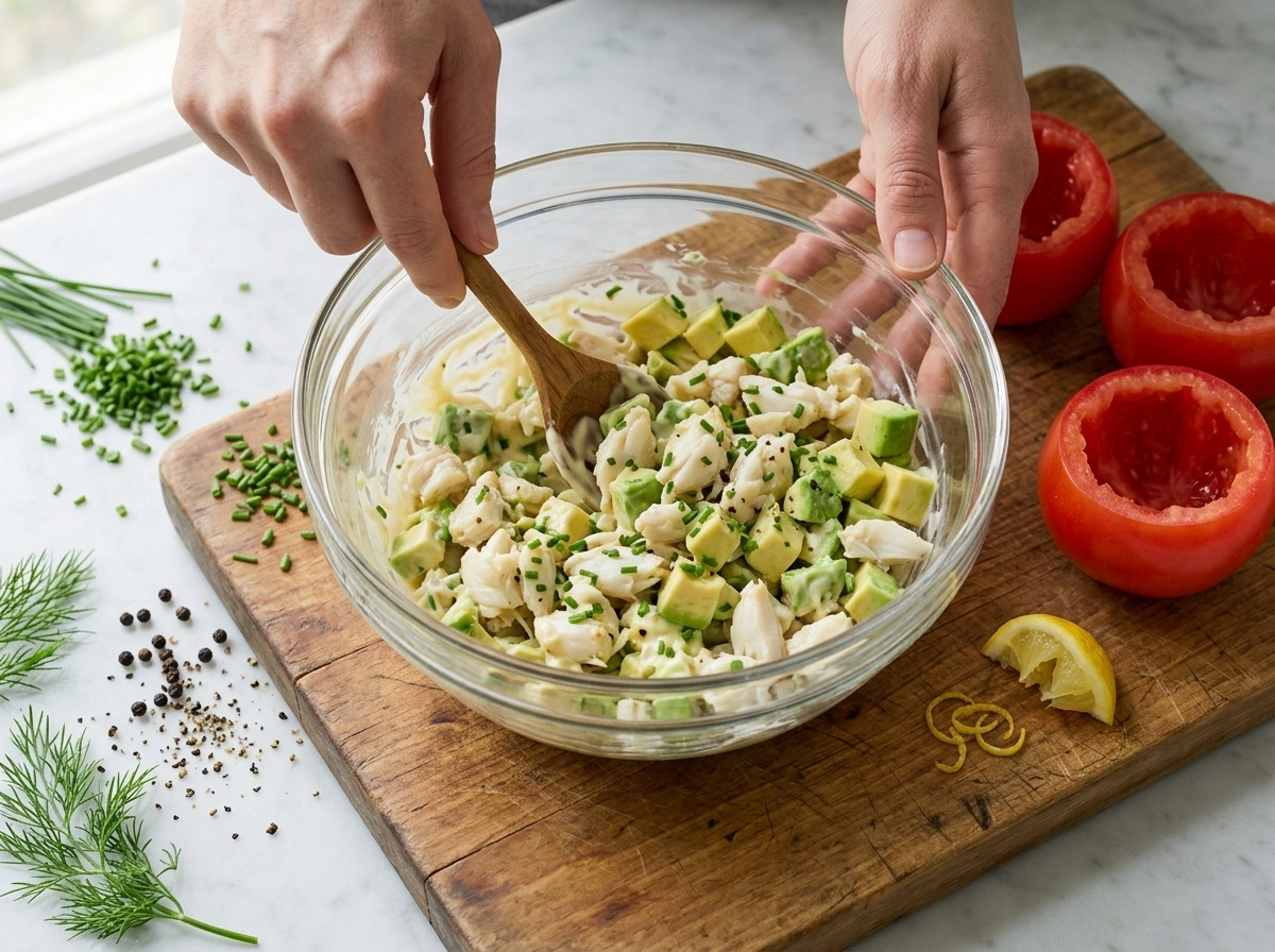 Hands folding lump crab meat and diced avocado with mayo and lemon in a glass mixing bowl on a wood counter.