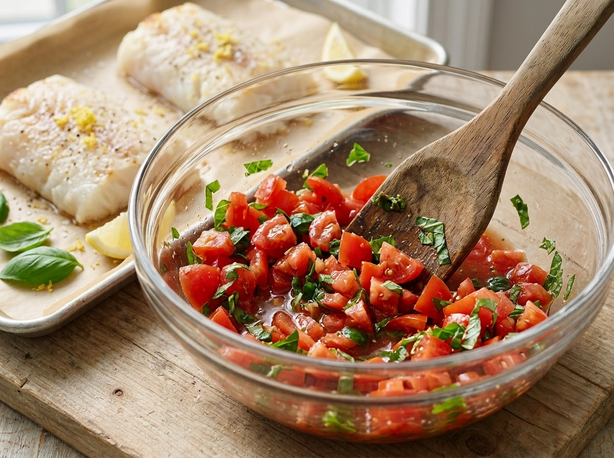 Cook dicing ripe tomatoes and basil in a glass bowl beside two raw cod fillets on a parchment-lined sheet pan.