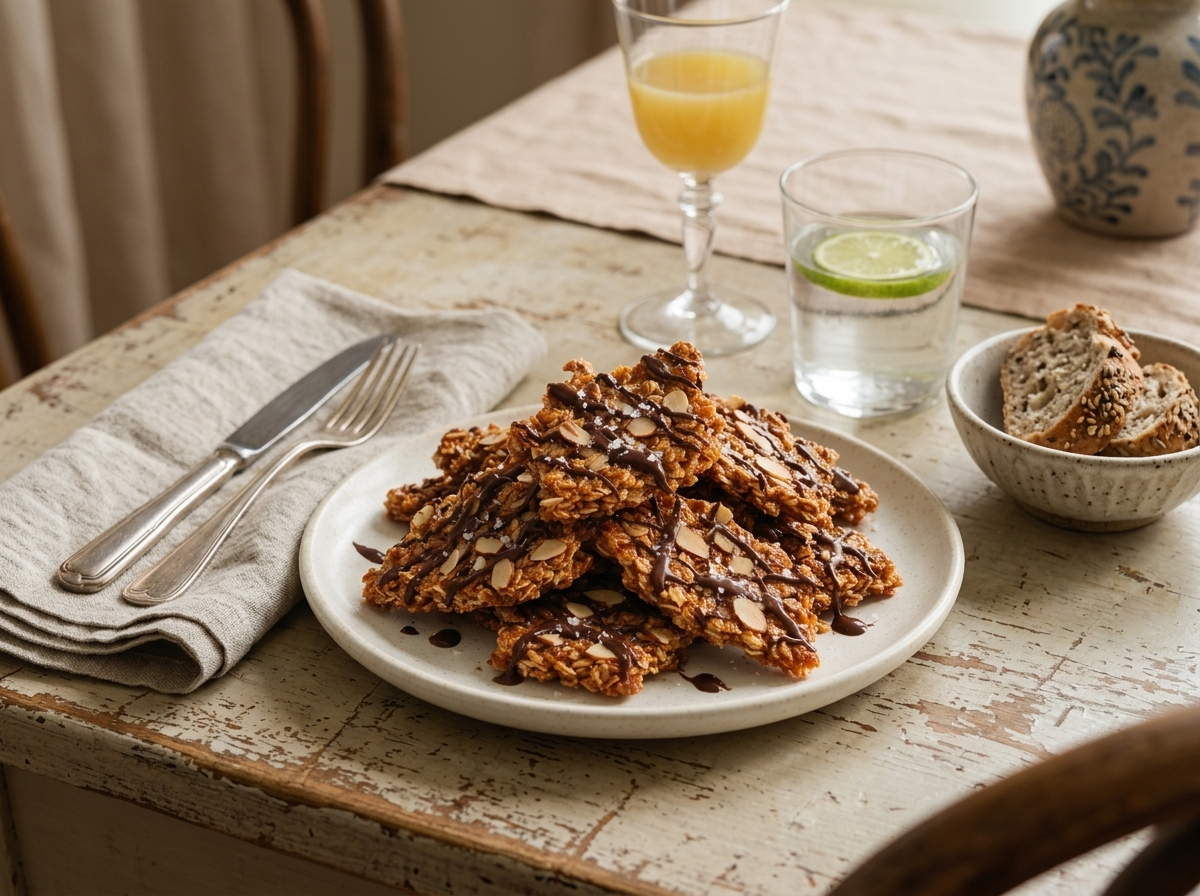 A kid reaching for a granola bark shard on a kitchen counter beside a jar of extra pieces