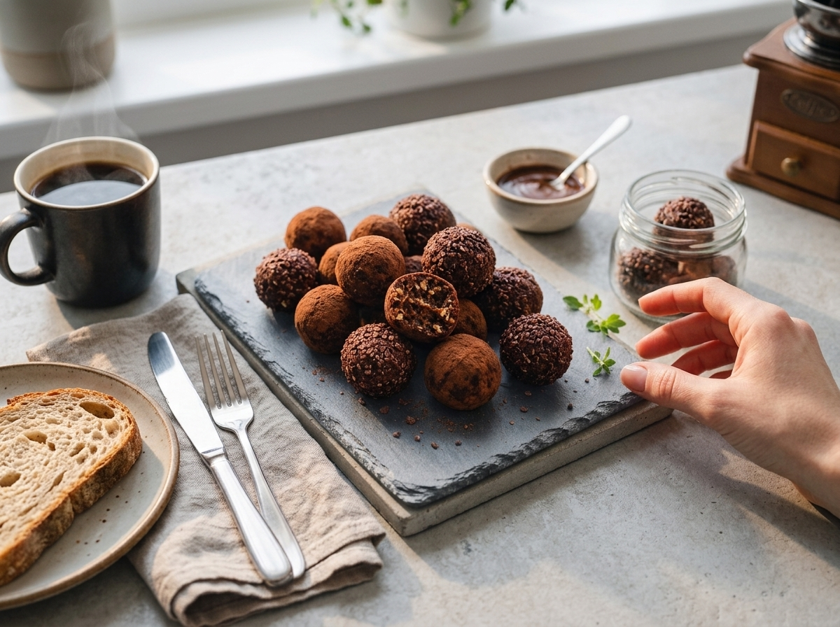 A hand picking up an espresso cacao energy ball from a glass jar next to a mug of coffee on a wooden table.