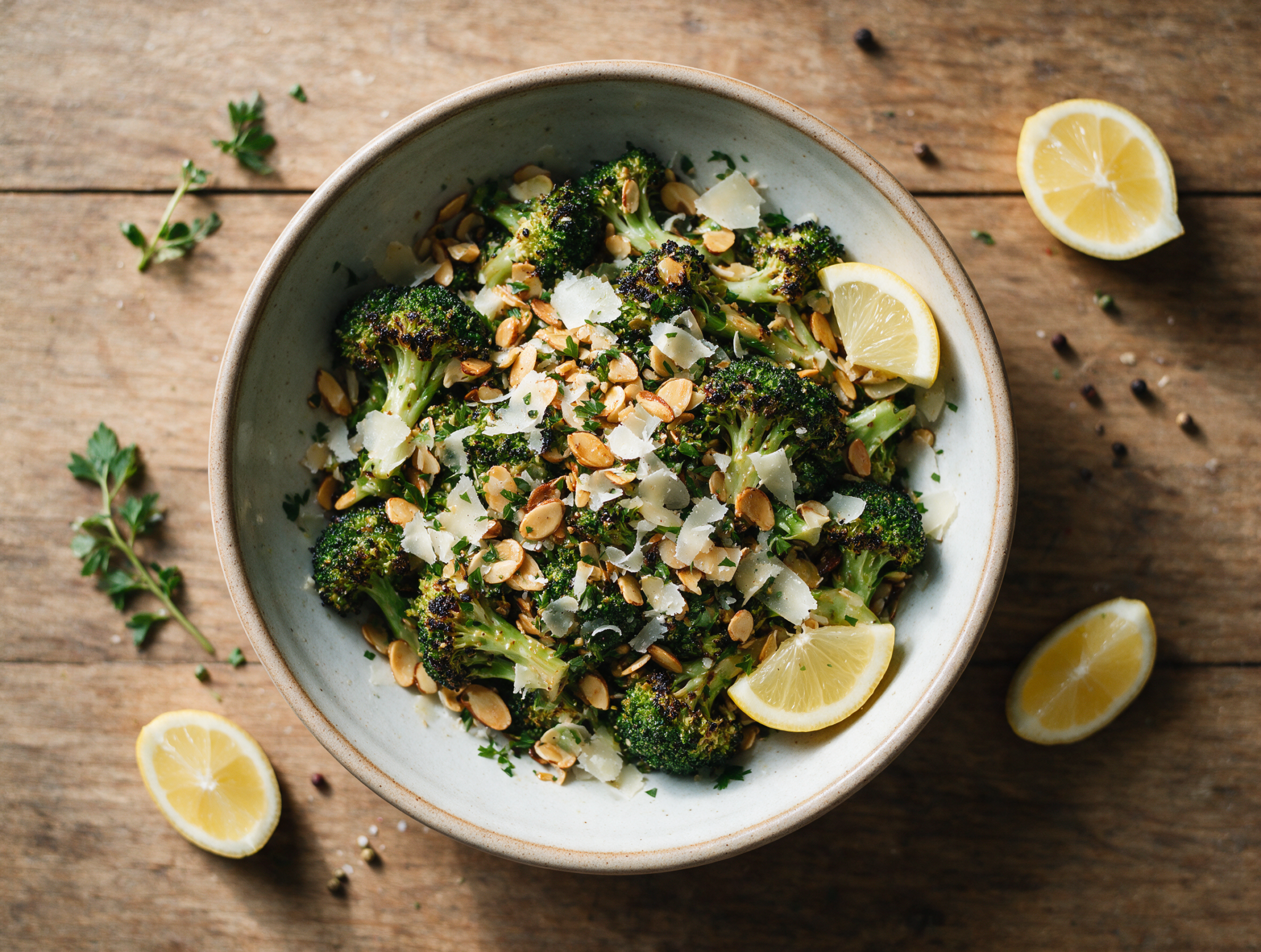 Top-down shot of charred broccoli florets tossed with toasted almonds and parmesan curls in a rustic bowl on a wood table.