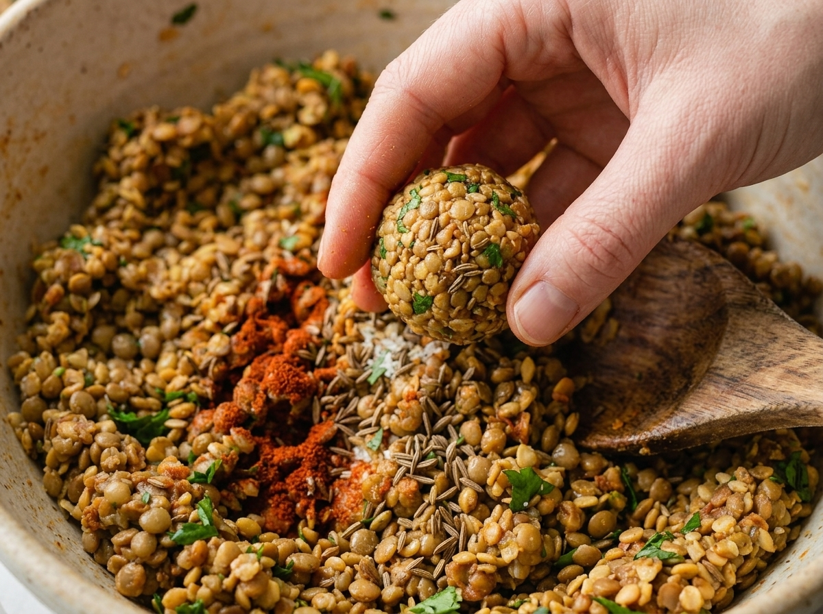 Hands rolling spiced lentil mixture into balls over a parchment-lined sheet pan dusted with cumin and paprika.