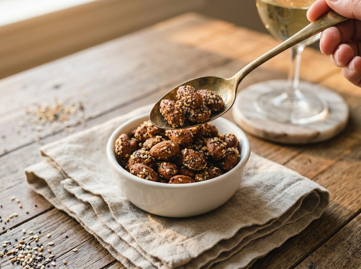 A linen napkin, glass of white wine, and a bowl of roasted almonds set on a marble counter for casual snacking