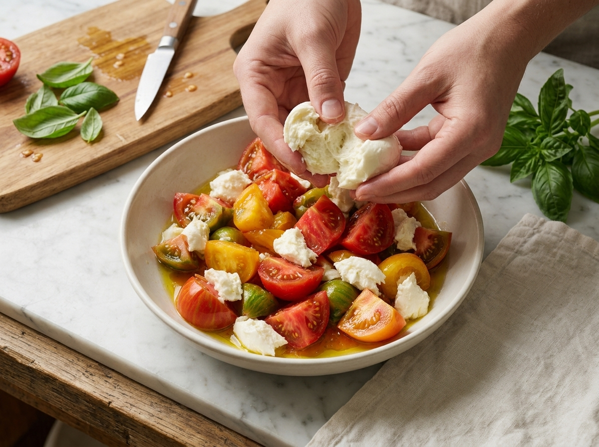 Hands tearing fresh mozzarella over salted tomato wedges in a wide bowl, juices collecting at the bottom.