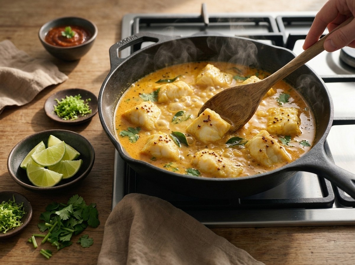 Fish chunks simmering in turmeric coconut broth in a dark skillet, curry leaves and mustard seeds floating on the surface with steam rising