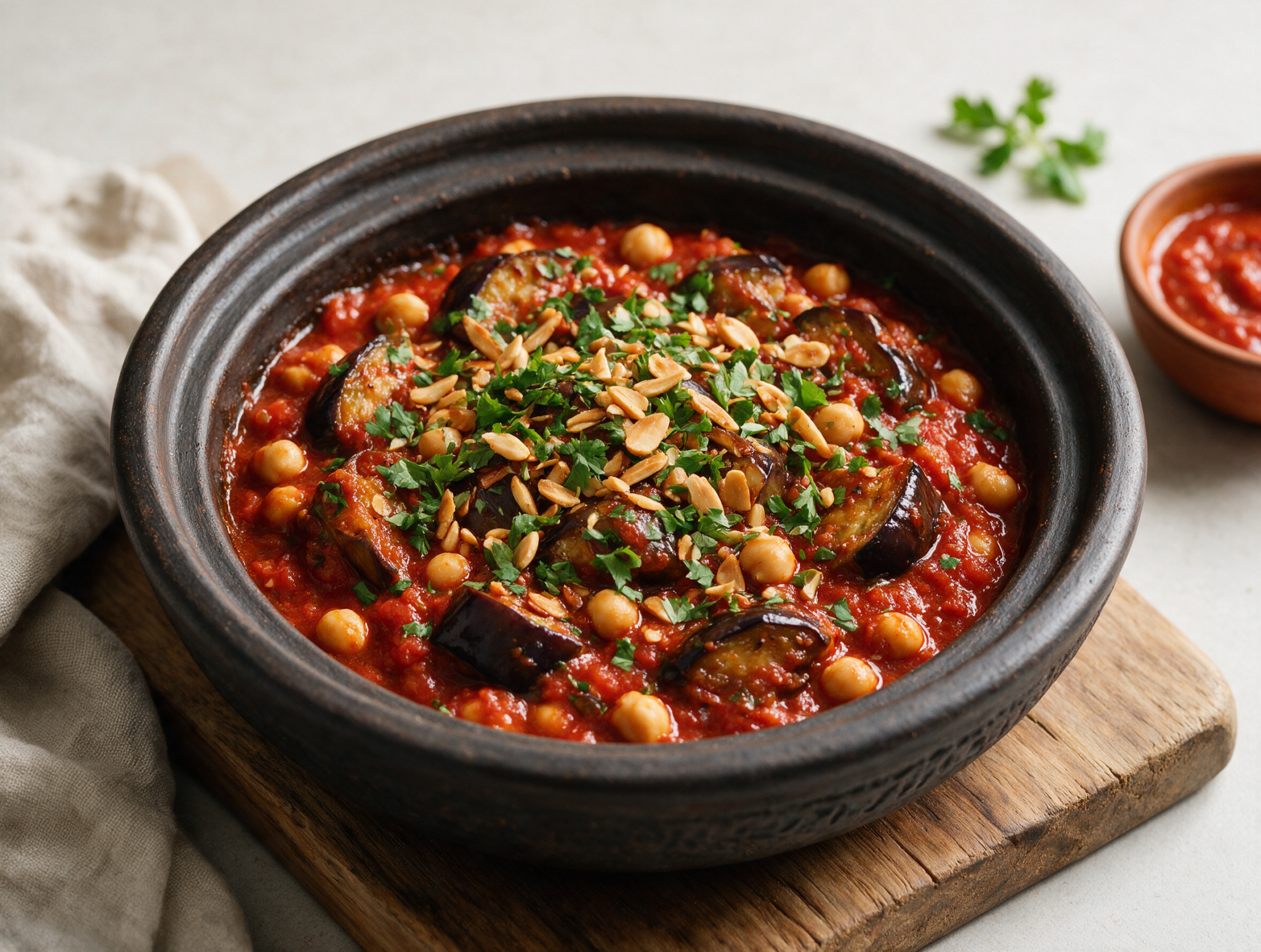 Overhead view of eggplant and tomato tagine in a clay pot, topped with cilantro and toasted almonds on a wood table