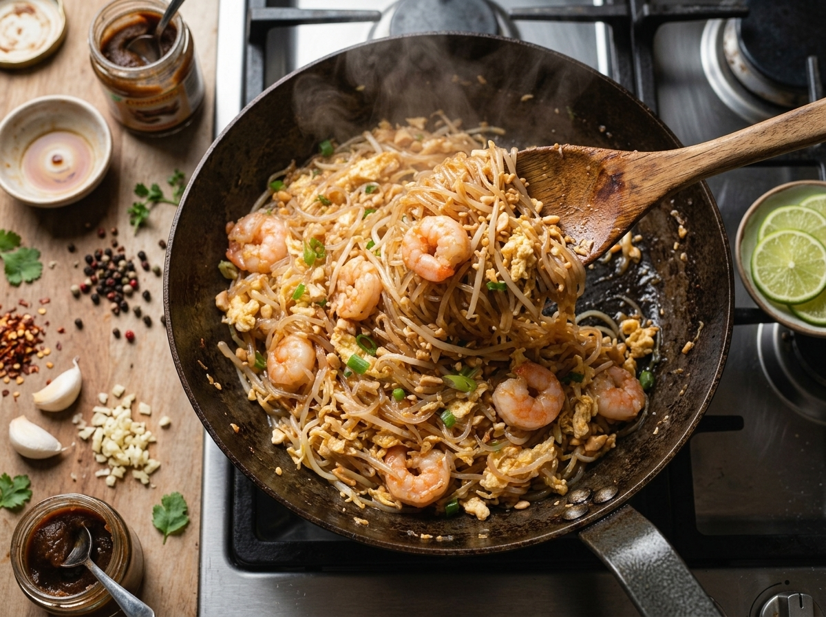 Shrimp, scrambled egg and shirataki noodles being tossed in a hot skillet with tamarind sauce clinging to each strand.