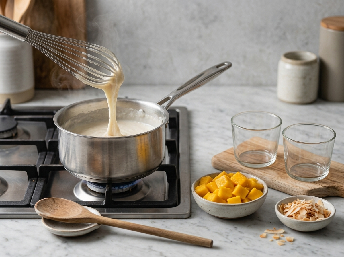 Close-up of coconut milk thickening in a saucepan, a whisk lifting a pale ribbon of pudding off the heat