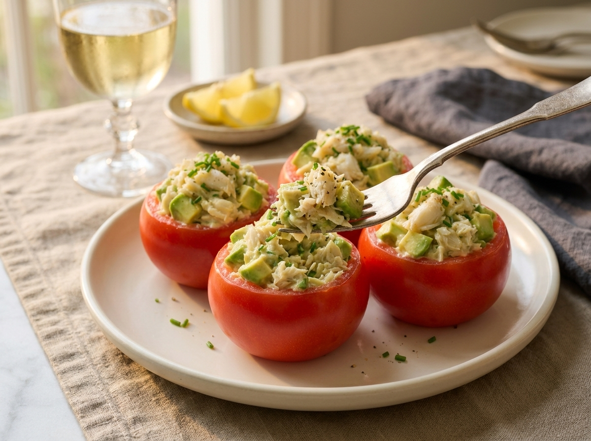 A linen-set table with stuffed tomatoes on small plates, a glass of white wine, and lemon wedges in soft afternoon light.