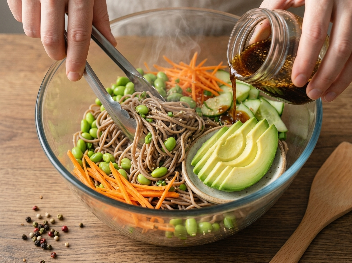 Close-up of hands tossing cooked soba noodles with edamame, carrot, and cucumber in a glass mixing bowl.