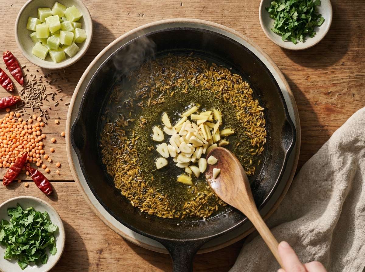 Cumin and mustard seeds sputtering in hot oil with sliced garlic and ginger in a cast iron skillet.