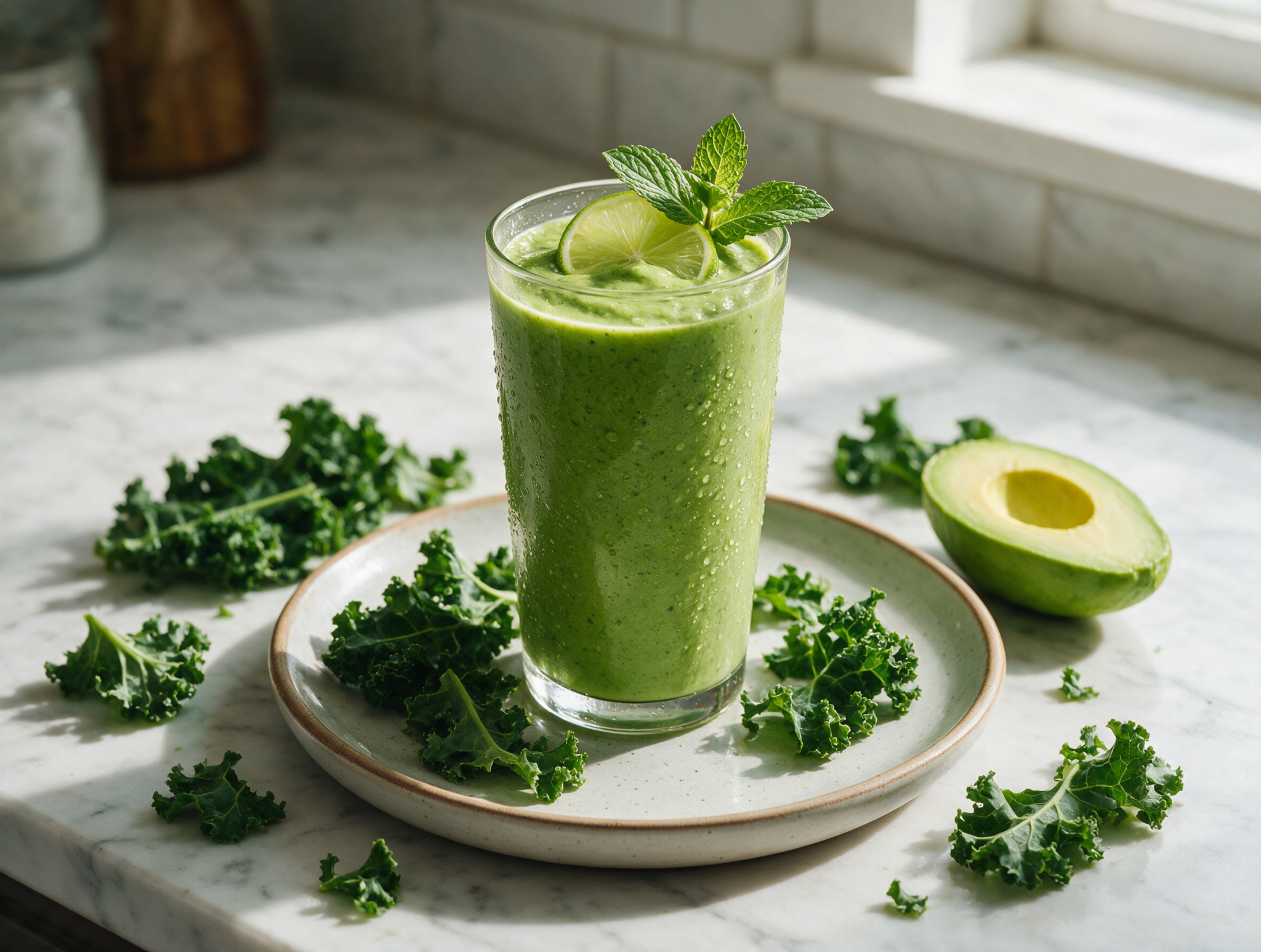 Bright green avocado kale lime smoothie in a tall glass with a lime wheel garnish, condensation beading on a marble counter