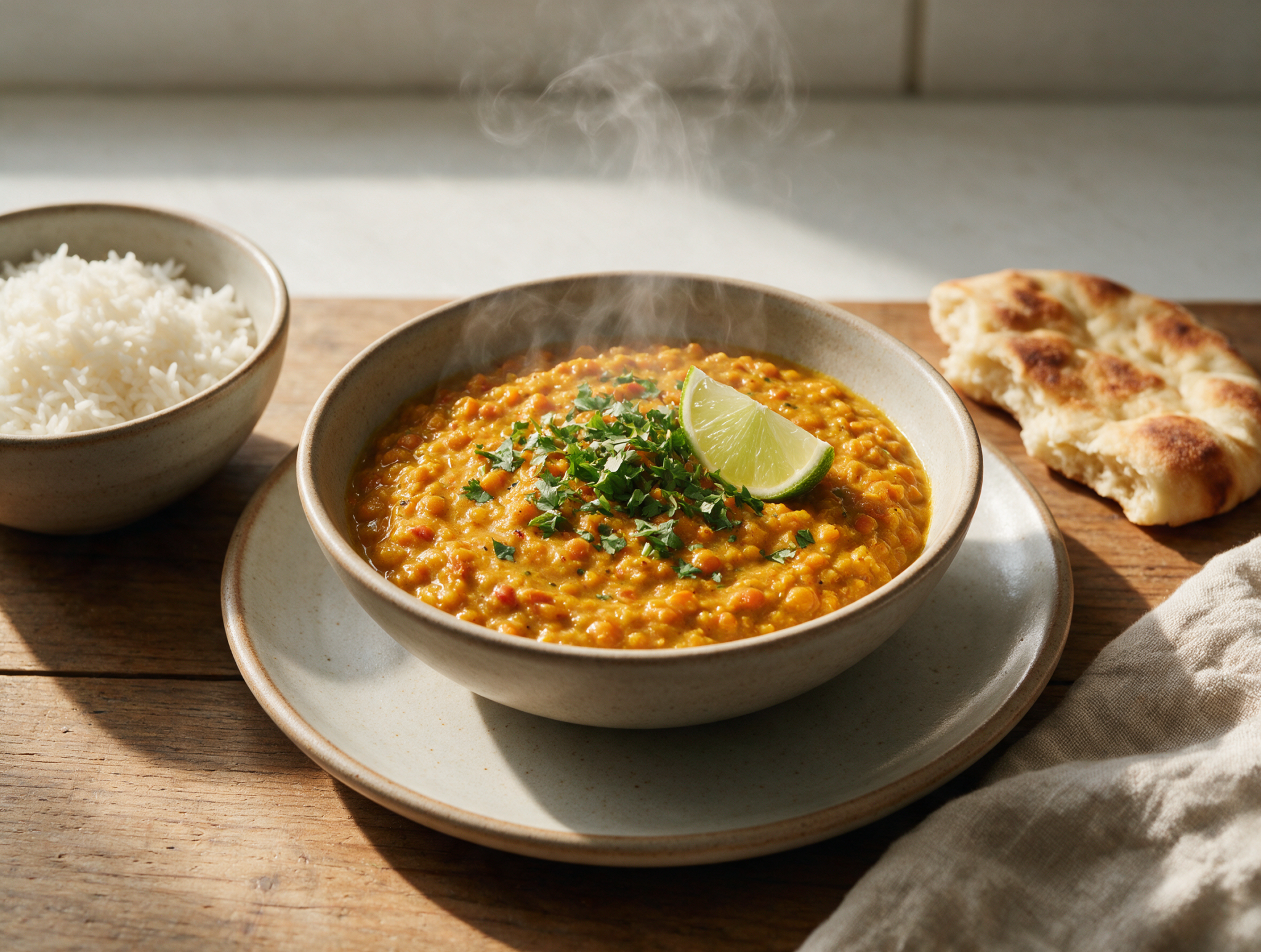 Bowl of golden turmeric ginger lentil dahl topped with cilantro and lime, steam rising on a rustic wooden table.