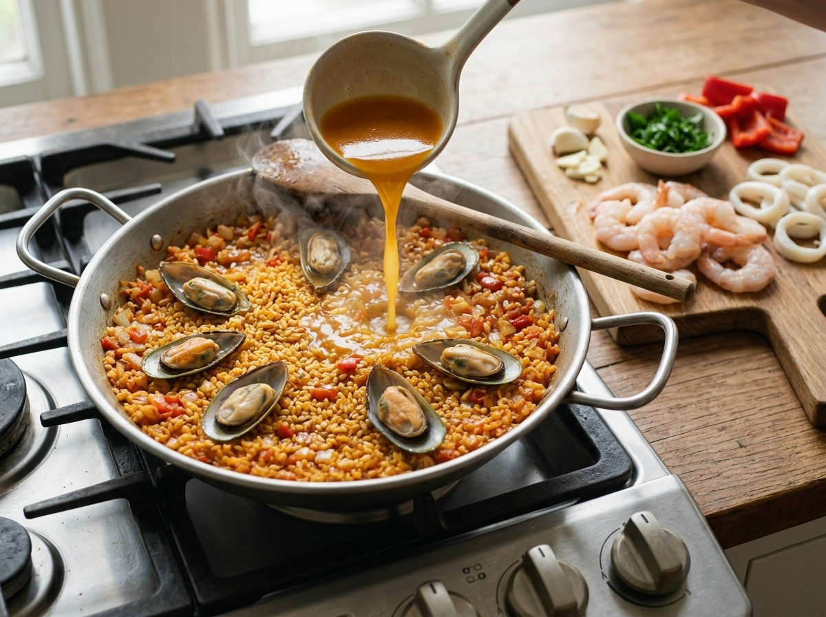 Close-up of saffron broth poured over toasted rice and sofrito in a wide skillet, steam rising over the pan.