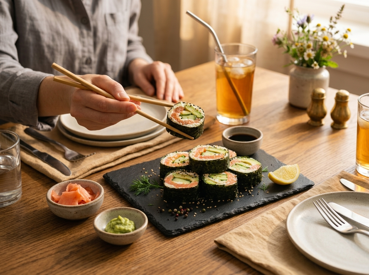 Someone lifting a nori roll with chopsticks at a wood table, pickled ginger and wasabi in small dishes nearby