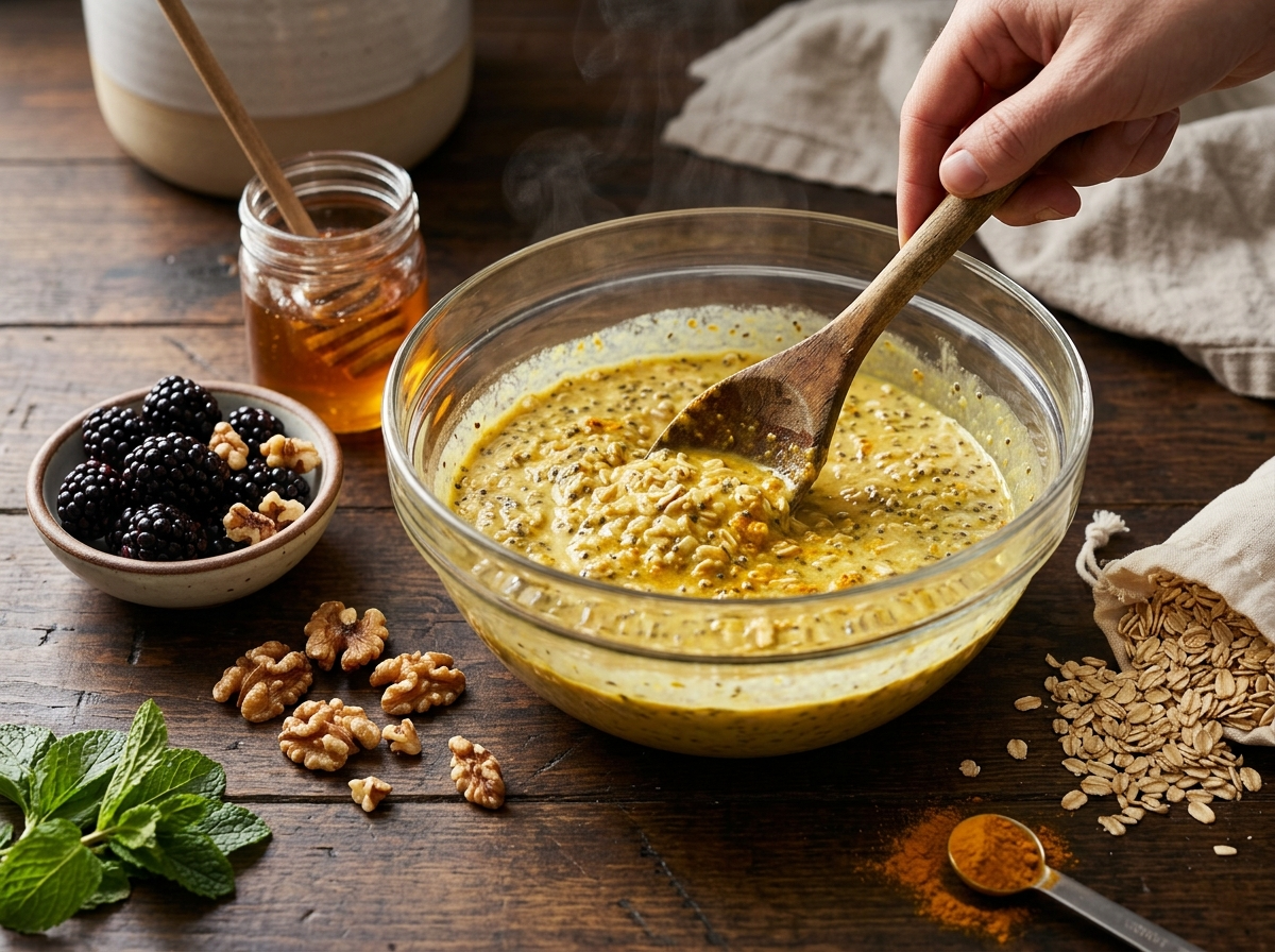Overhead view of turmeric-spiced oat mixture being stirred with chia and flaxseed in a glass bowl before chilling