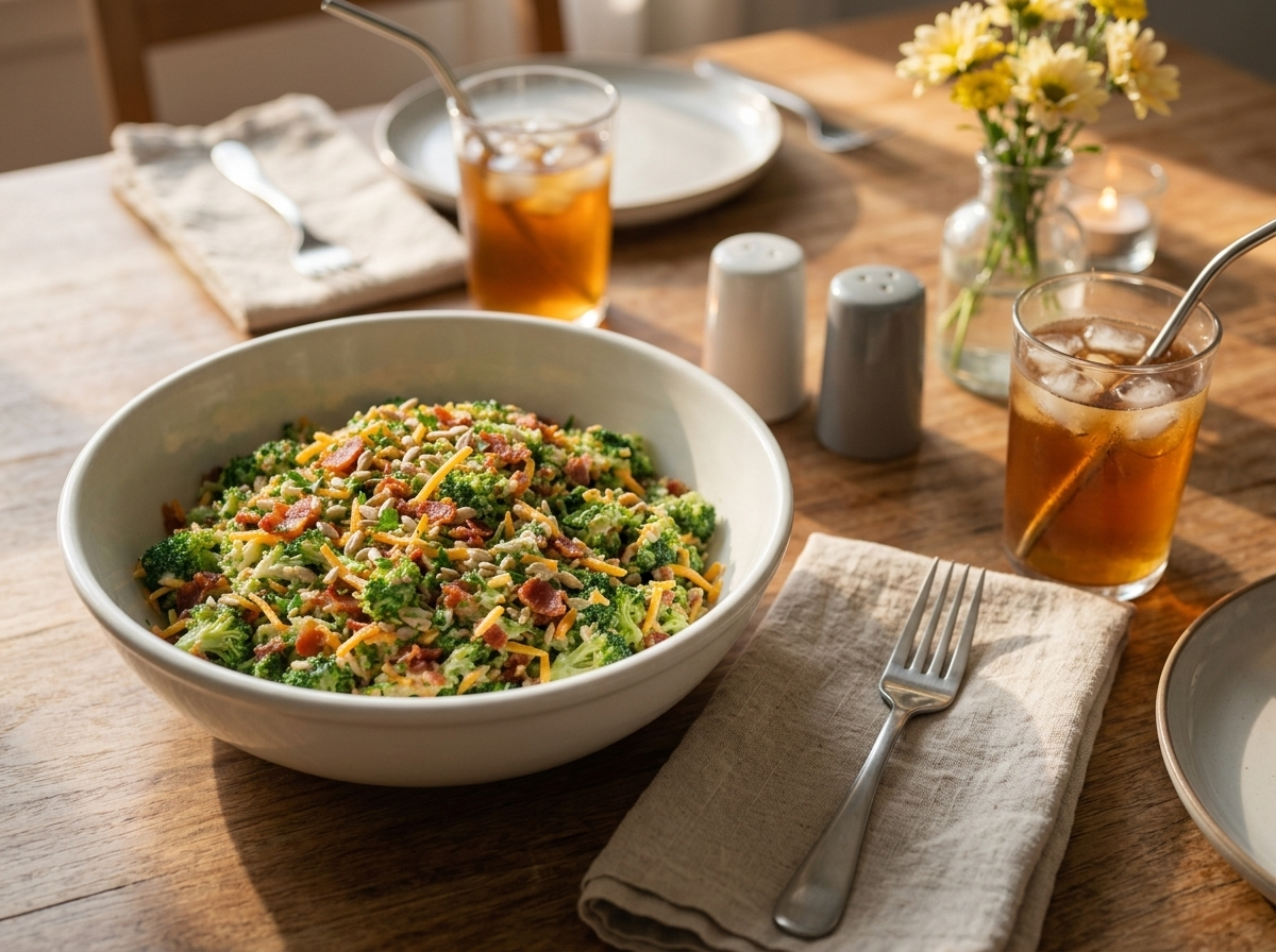 A wooden table set with a bowl of broccoli bacon slaw, linen napkin, and a fork, ready for a casual lunch at home.