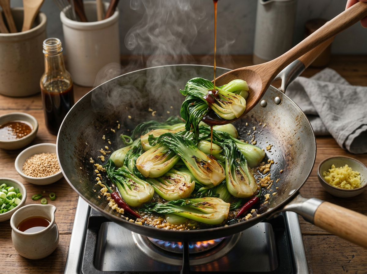 Baby bok choy halves searing cut-side down in a carbon steel wok, edges charring while garlic and ginger sizzle nearby