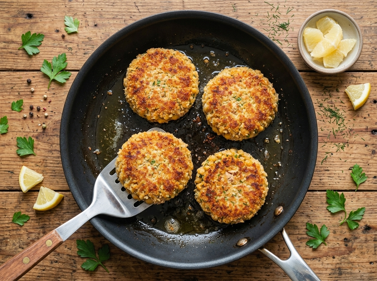 Chickpea tuna patty mixture sizzling golden in a nonstick skillet as a spatula lifts one edge to check the crust.
