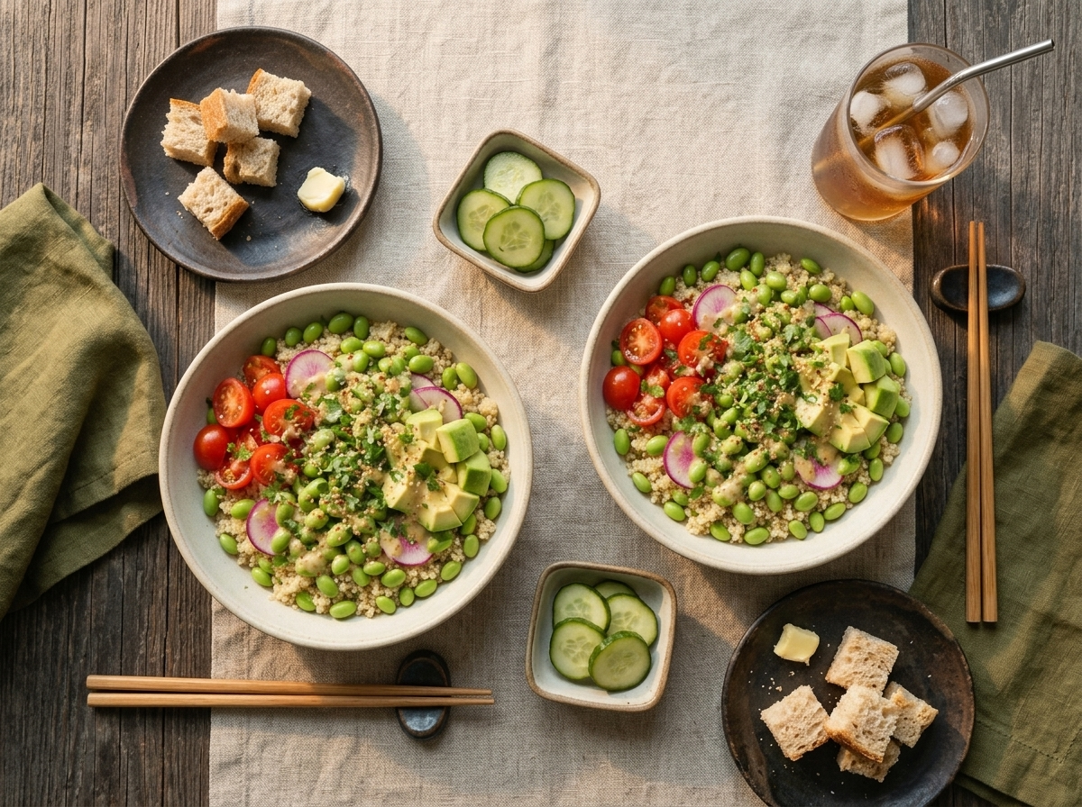 Two bowls of edamame quinoa salad set on a linen napkin with chopsticks and a glass of iced tea at lunch