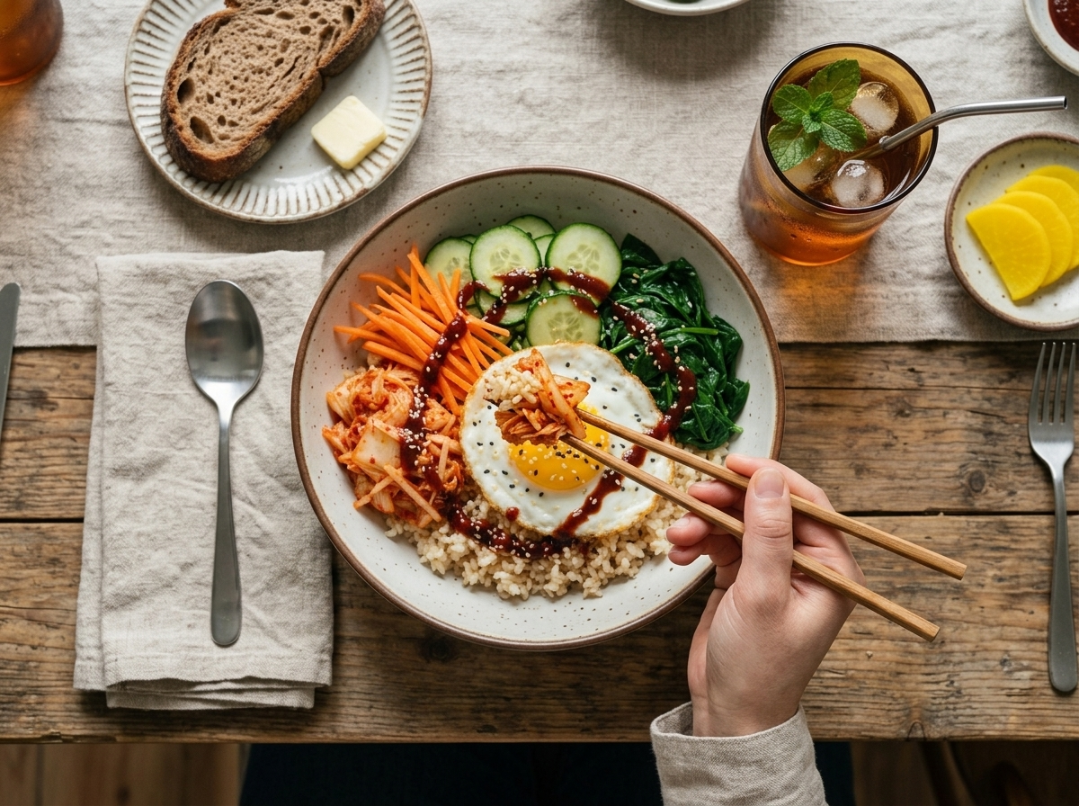 A person lifting chopsticks of rice and kimchi from a ceramic bowl beside a linen napkin and glass of iced tea
