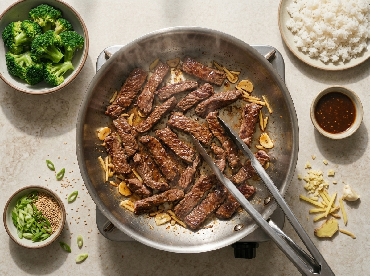 Beef strips searing in a hot skillet with browned edges forming and steam rising as tongs turn a piece over.