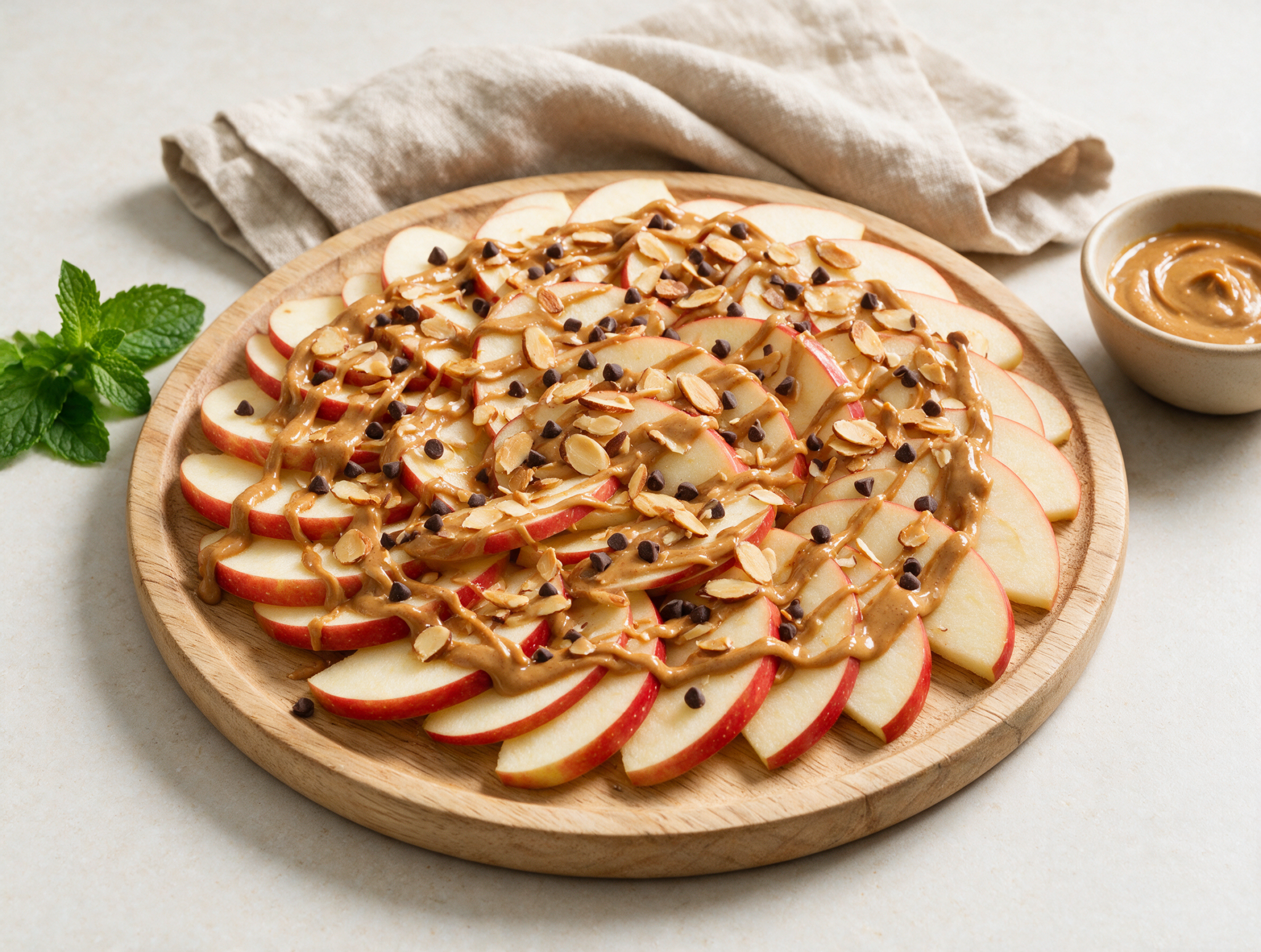 Overhead view of apple nachos fanned on a wood board, drizzled with almond butter and topped with toasted almond slices