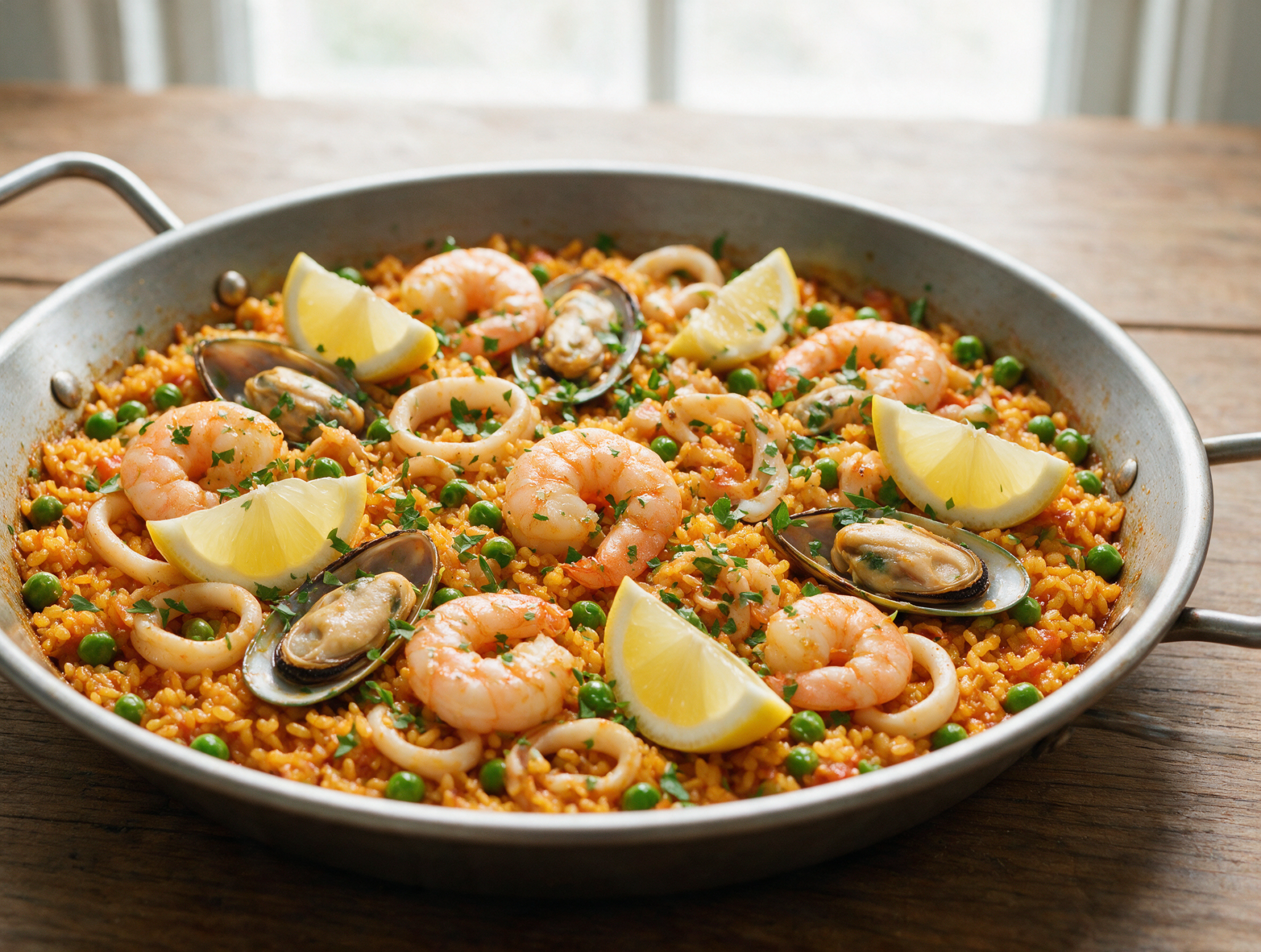 Light Saffron Seafood Paella with Shrimp & Mussels