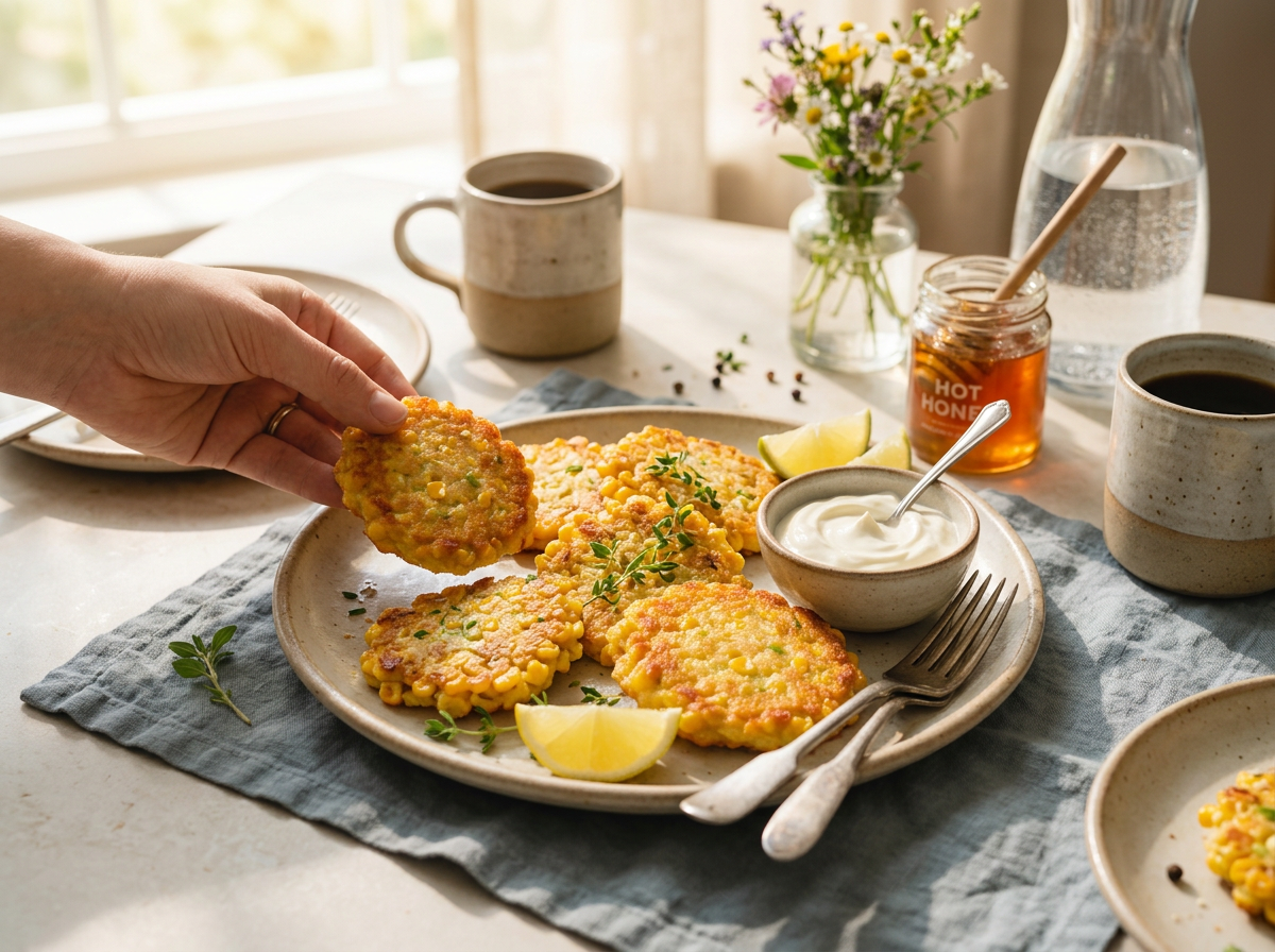 Hands reaching for corn fritters at a sunny breakfast table with coffee mugs and a linen napkin nearby