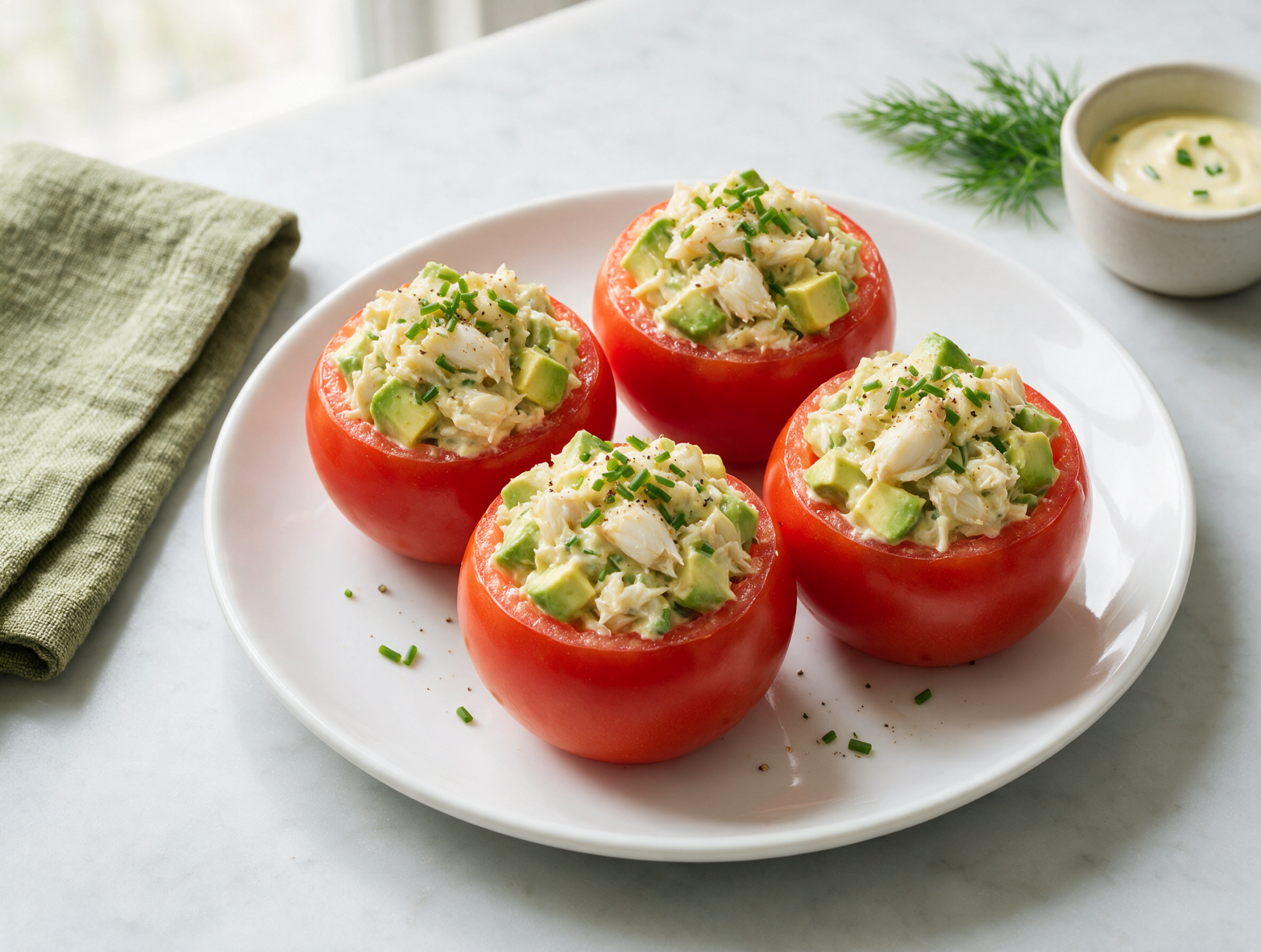Easy No-Cook Keto Crab and Avocado Stuffed Tomatoes