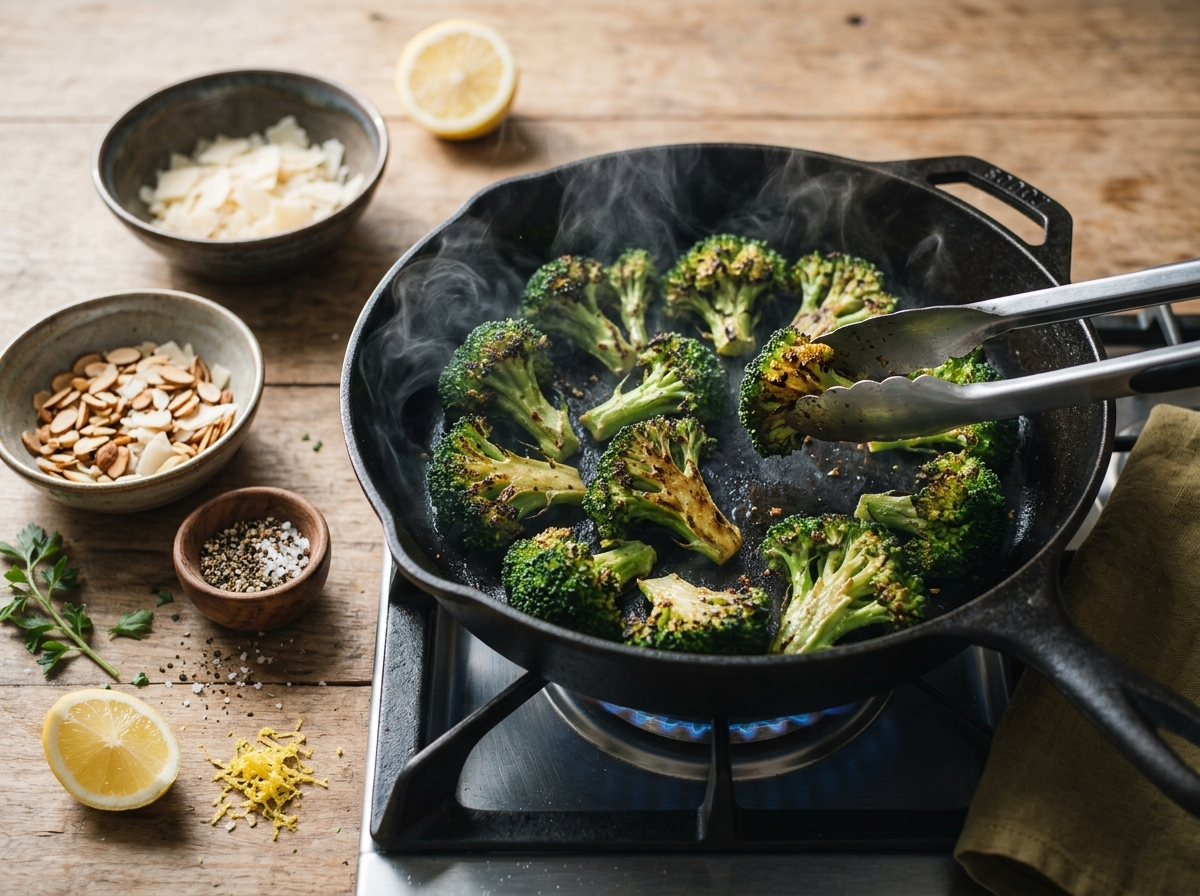Blistered broccoli florets searing flat-side down in a smoking cast iron skillet, edges turning deep brown and crisp.