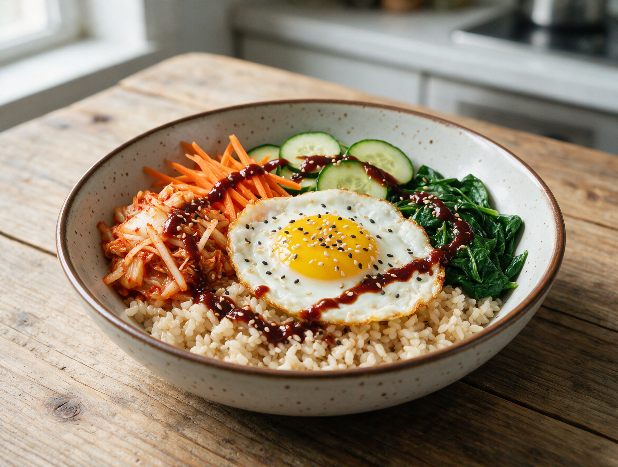 Kimchi Veggie Bowl with Brown Rice and a Fried Egg